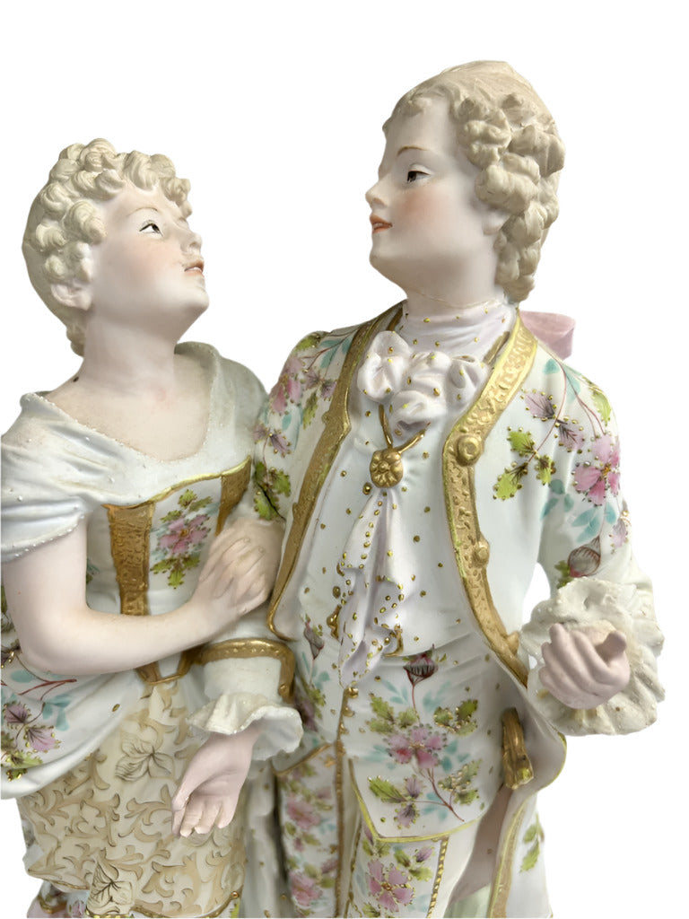 Tall Bisque Porcelain Couple in Conversation, French, 19th Century