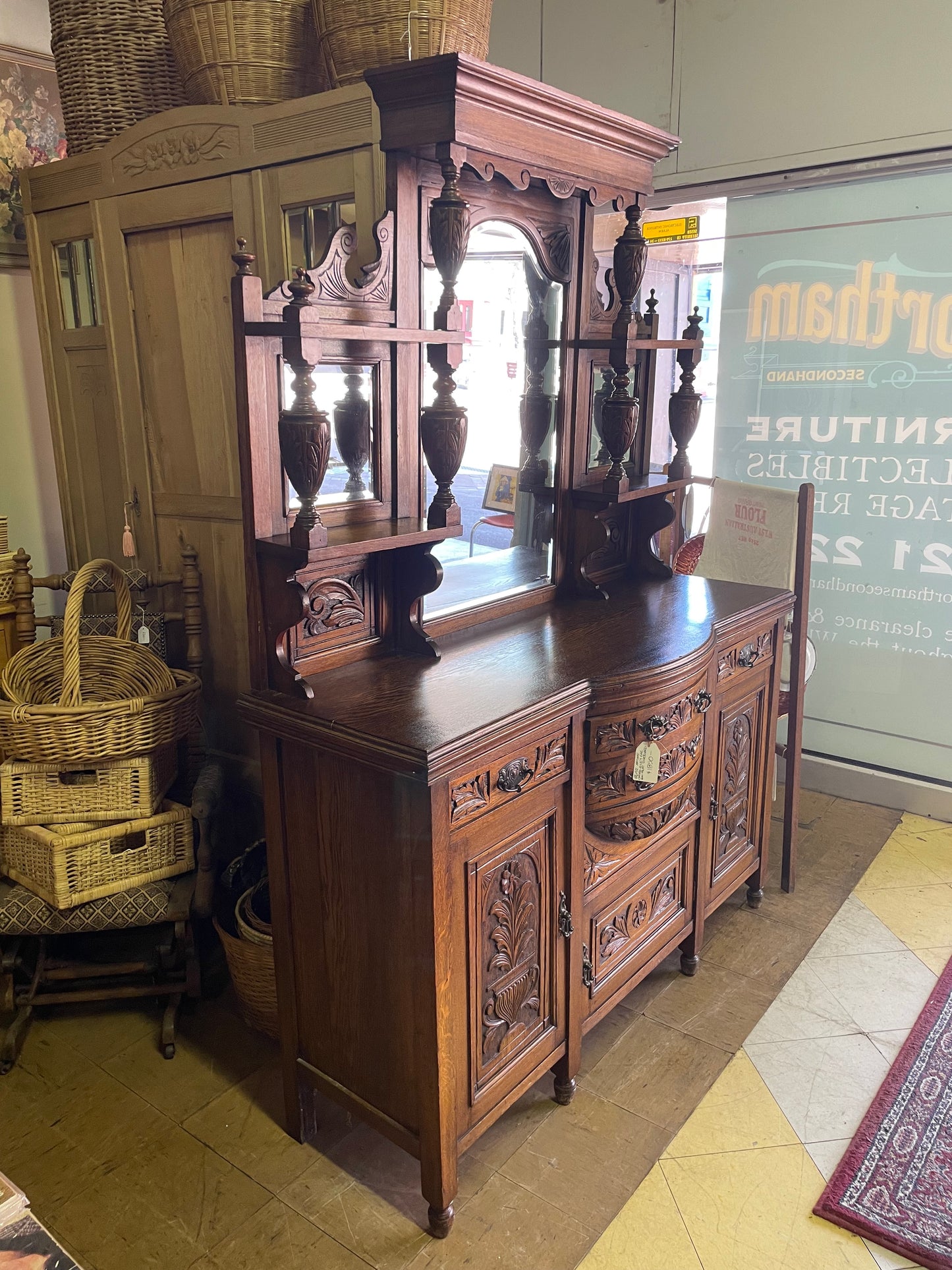 Victorian English Oak Mirror-back Bowfront Sideboard