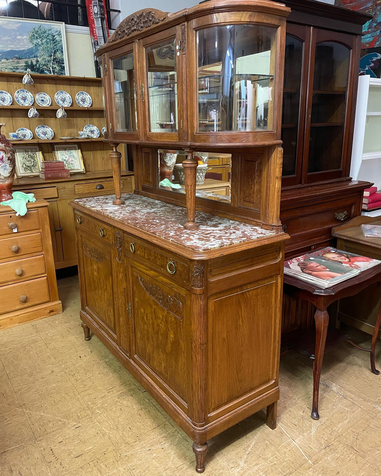 Vintage European oak and walnut dresser
