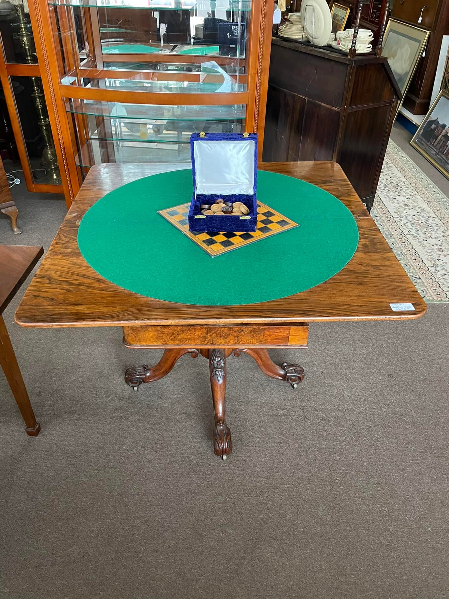 Victorian walnut burl gaming table (900mm square top) folds to a hall table c1850 $695