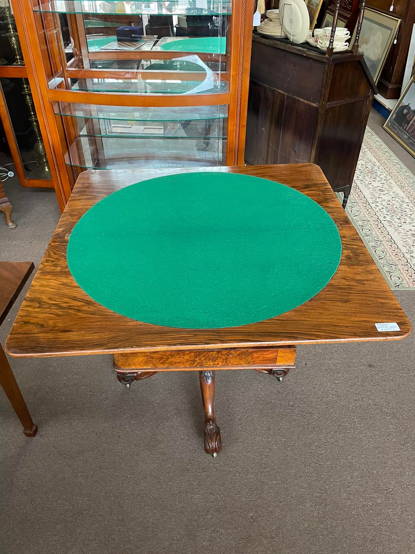 Victorian walnut burl gaming table (900mm square top) folds to a hall table c1850 $695