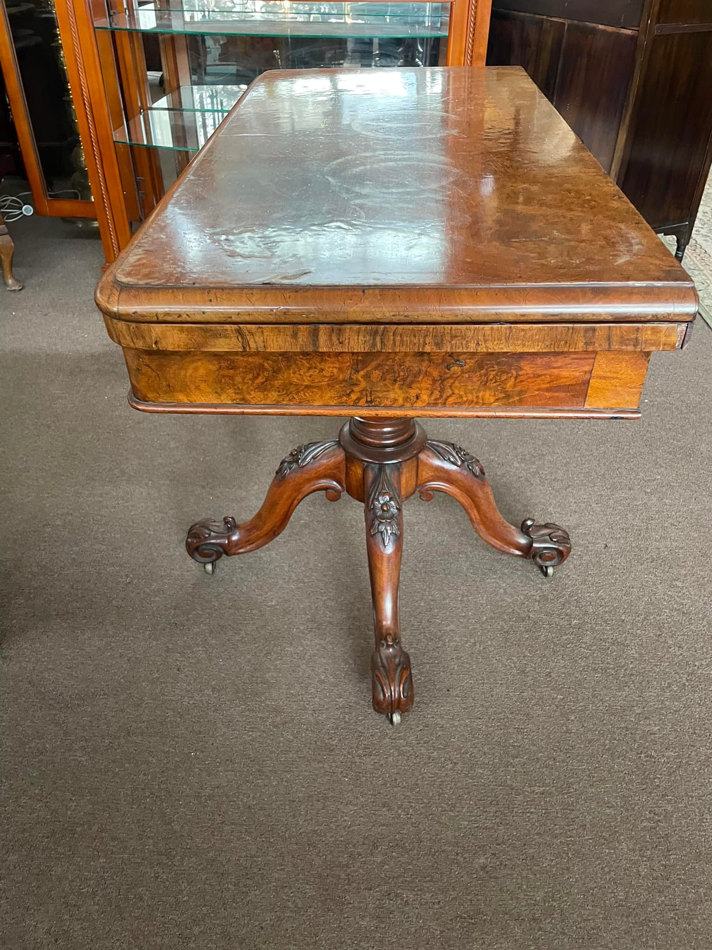 Victorian walnut burl gaming table (900mm square top) folds to a hall table c1850 $695
