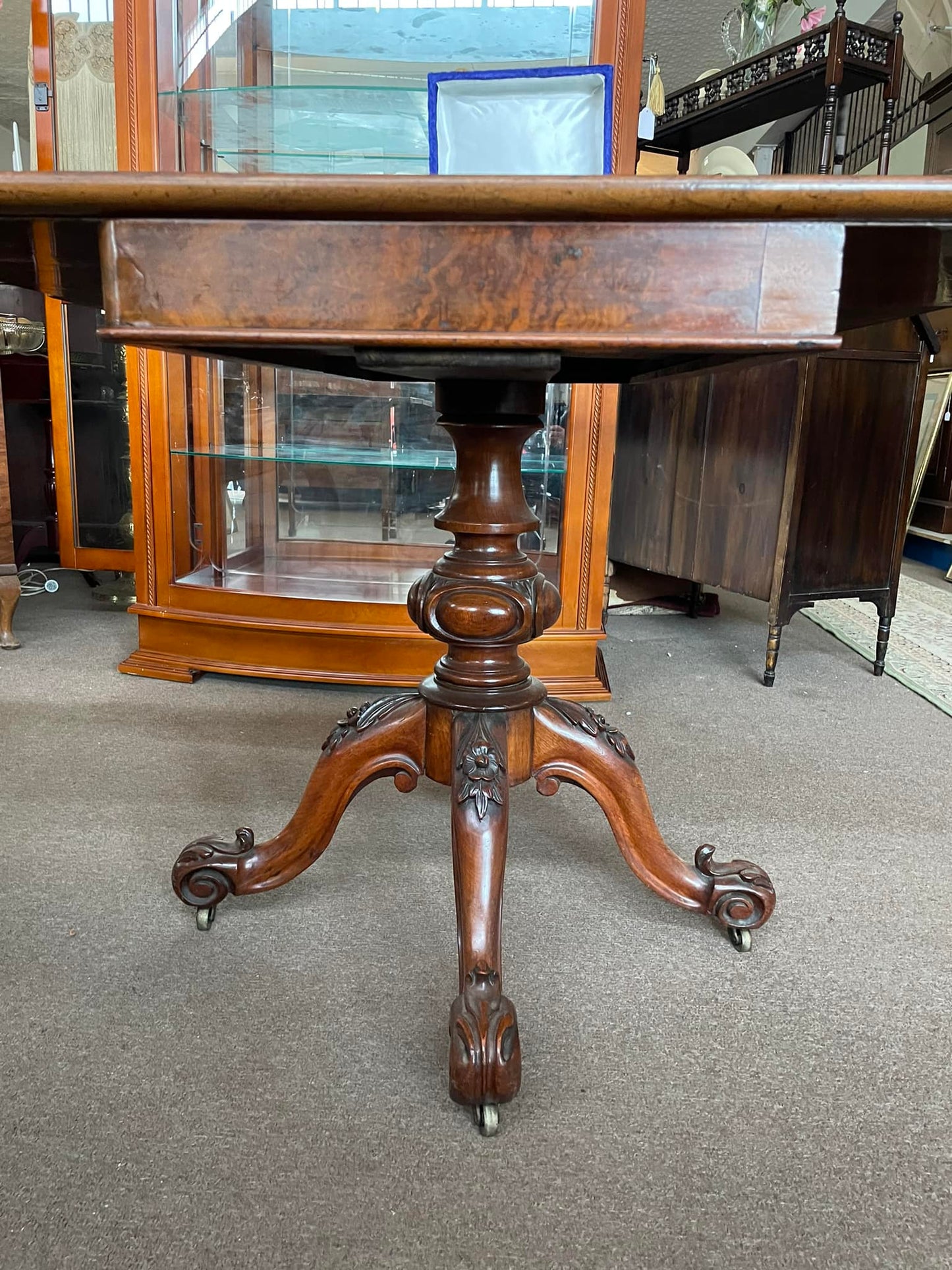 Victorian walnut burl gaming table (900mm square top) folds to a hall table c1850 $695