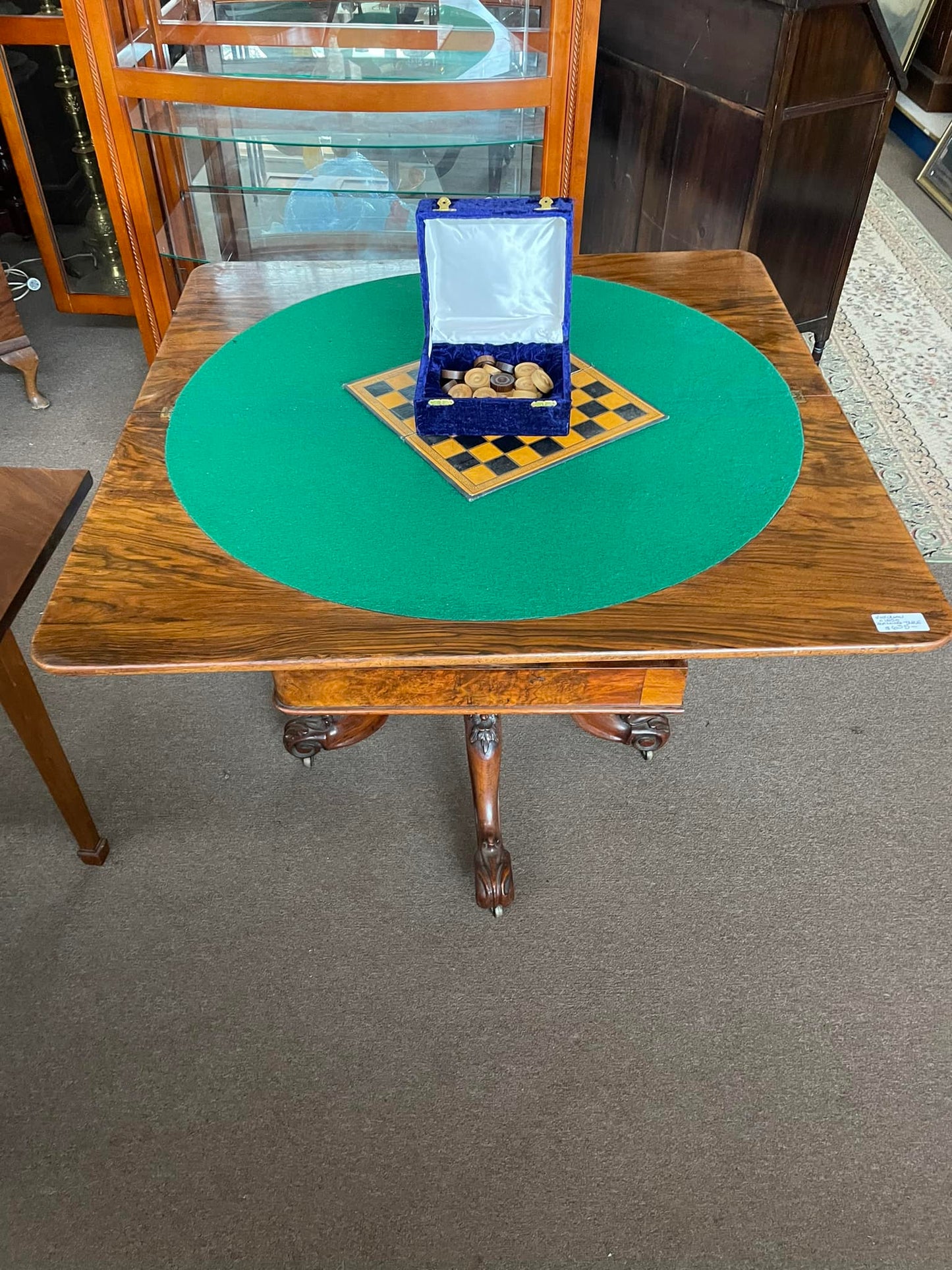 Victorian walnut burl gaming table (900mm square top) folds to a hall table c1850 $695