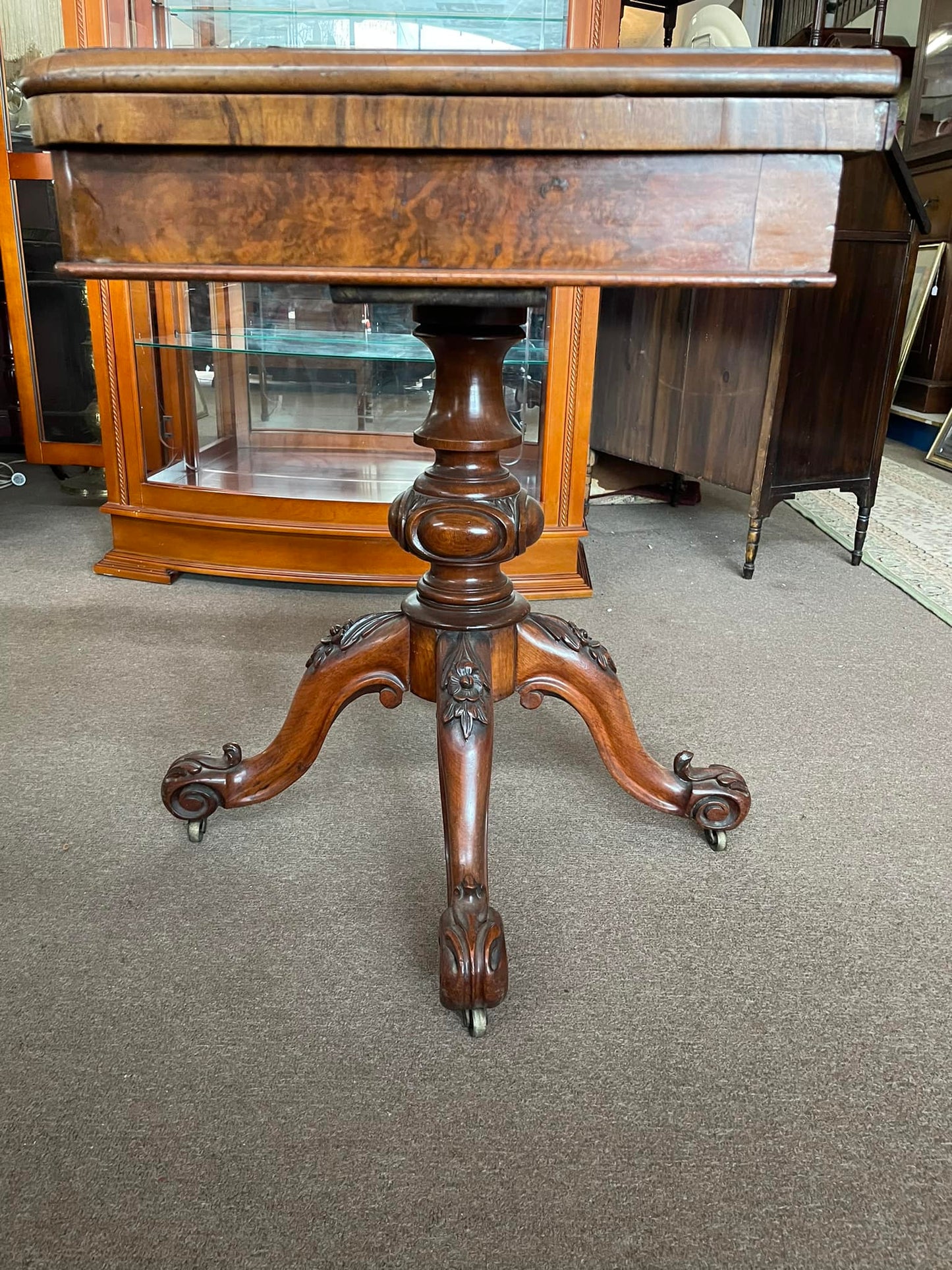 Victorian walnut burl gaming table (900mm square top) folds to a hall table c1850 $695