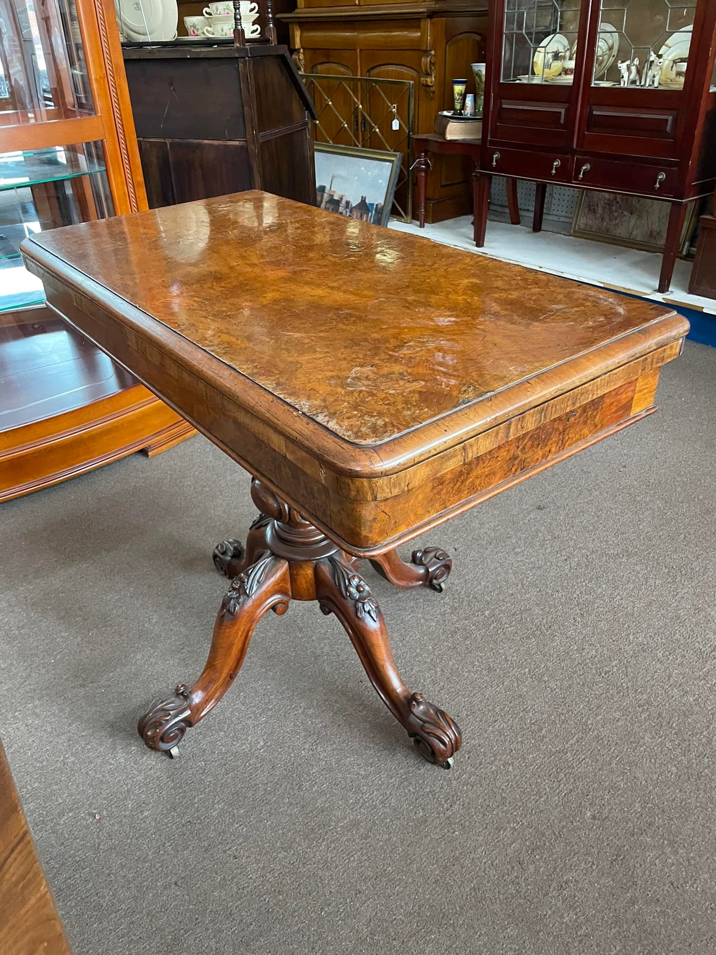 Victorian walnut burl gaming table (900mm square top) folds to a hall table c1850 $695
