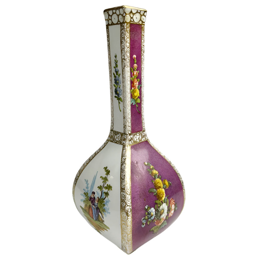 Pair of Antique Dresden Quatrefoil four-sided vases