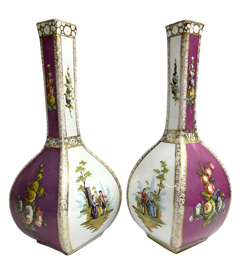 Pair of Antique Dresden Quatrefoil four-sided vases