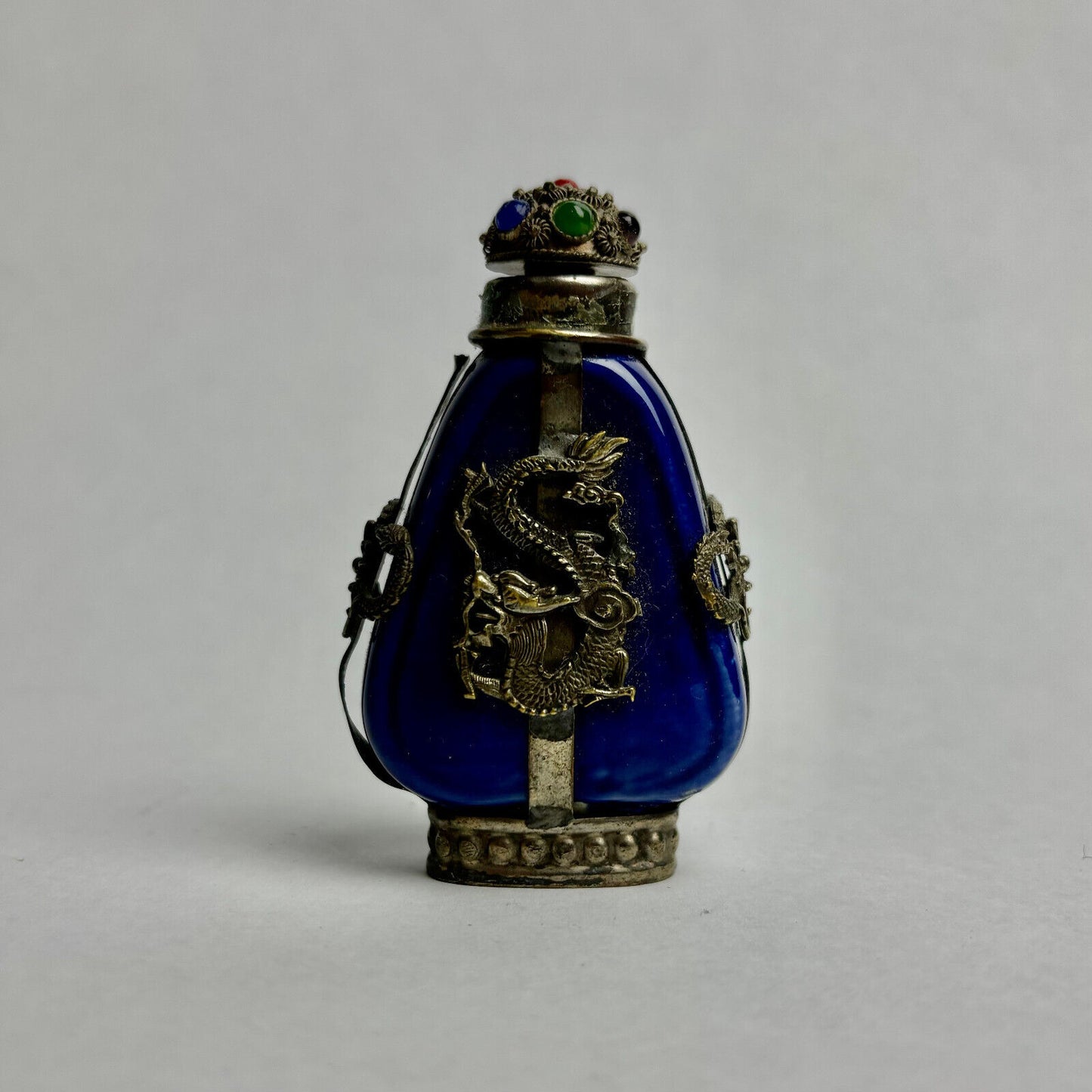 Antique Kwan-Yin Chinese Blue Glazed Ceramic & Silver Applications Snuff Bottle