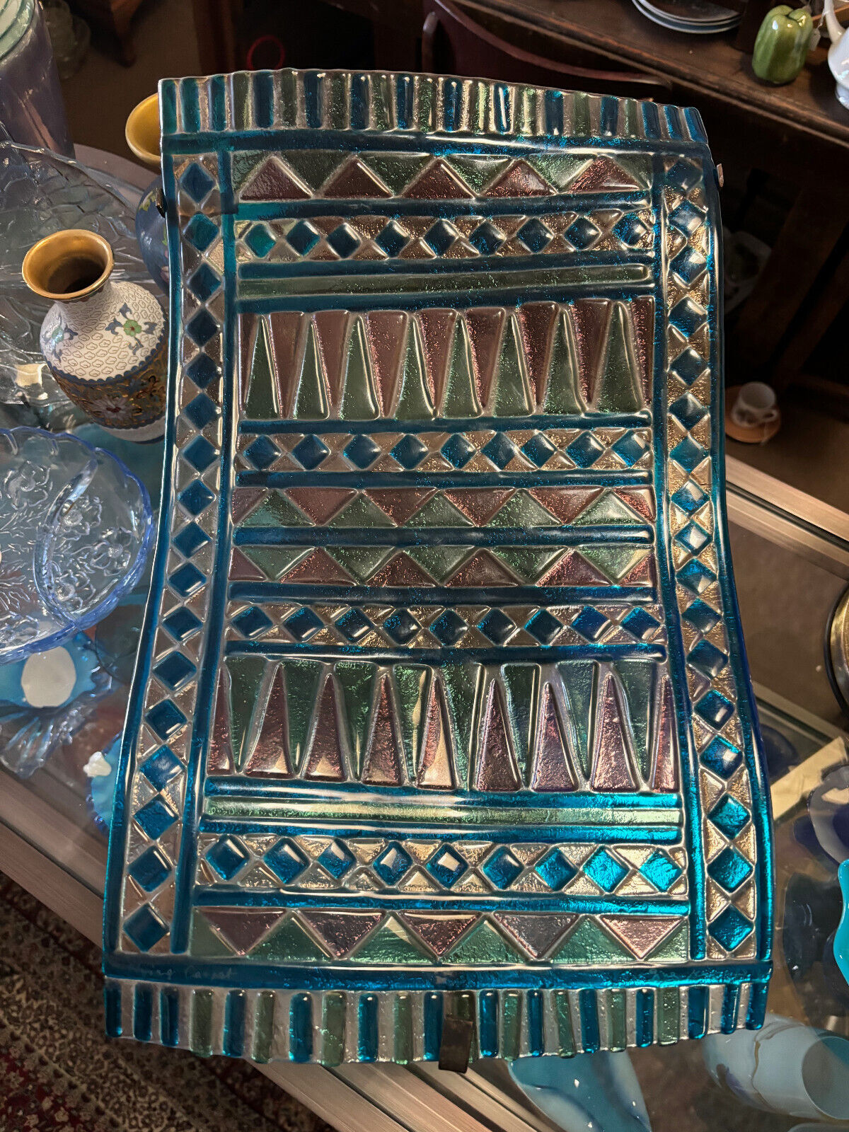 Flying rug art glass with metal stand by Giuse Maggi, Bahrain