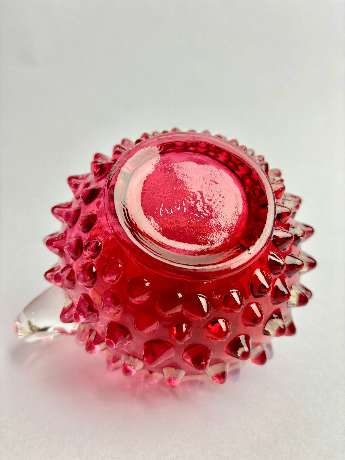 Pair of Fenton Cranberry Opalescent Hobnail Candlestick Holders (9cm tall)