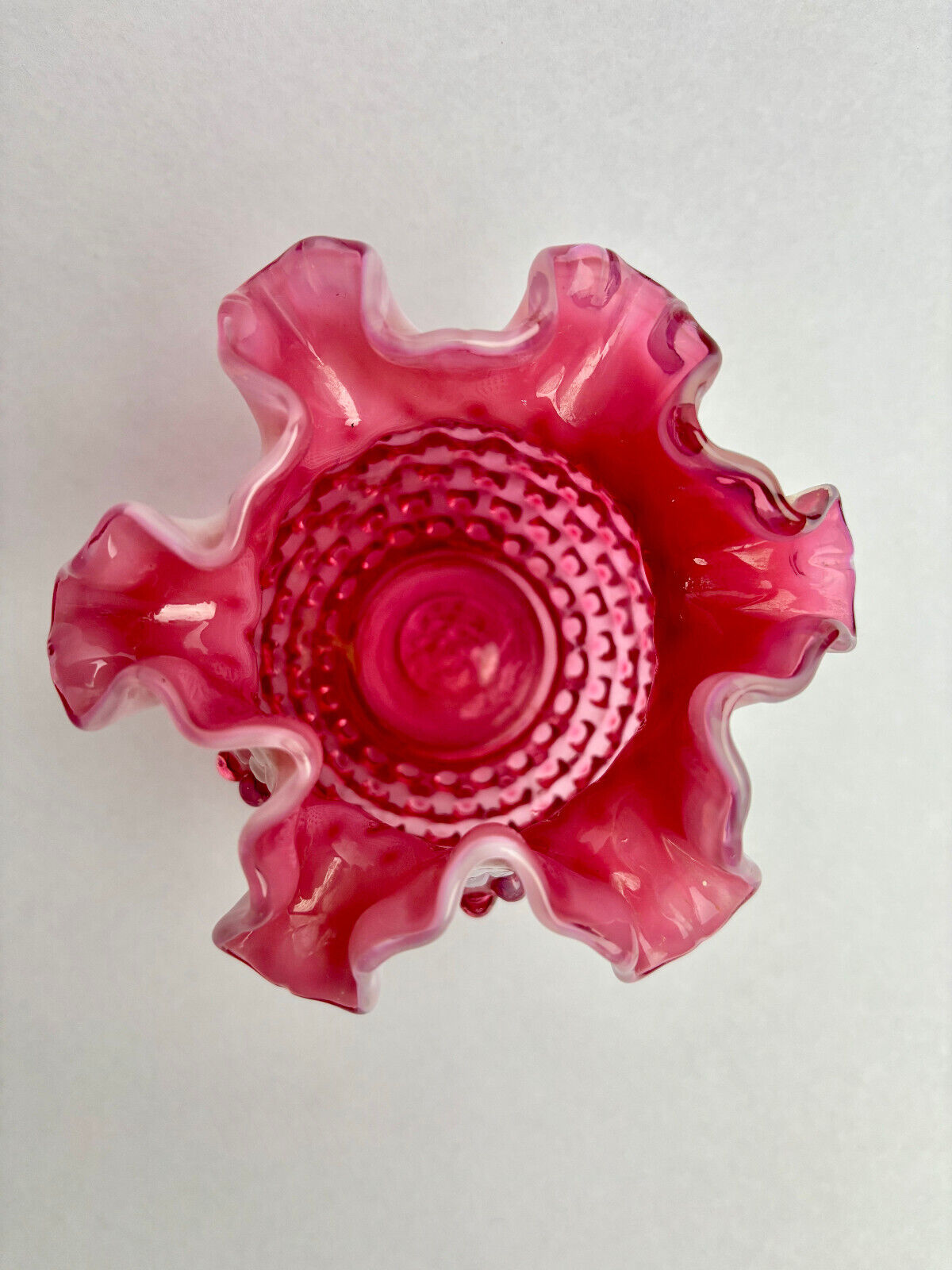 Fenton Cranberry Opalescent Hobnail Crimped Glass Vase (12cm tall)