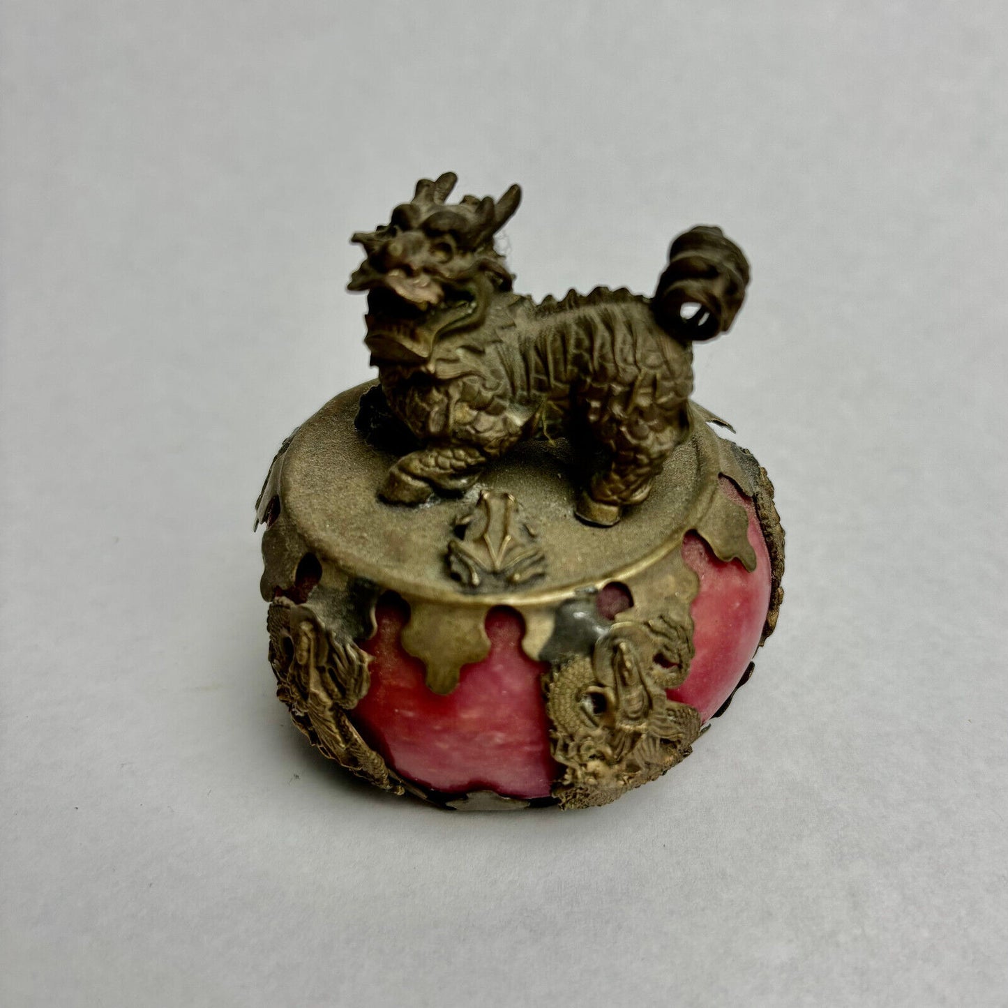Pair Antique Kwan-Yin Chinese Red Glazed Ceramic & Silver Applications Foo Dogs