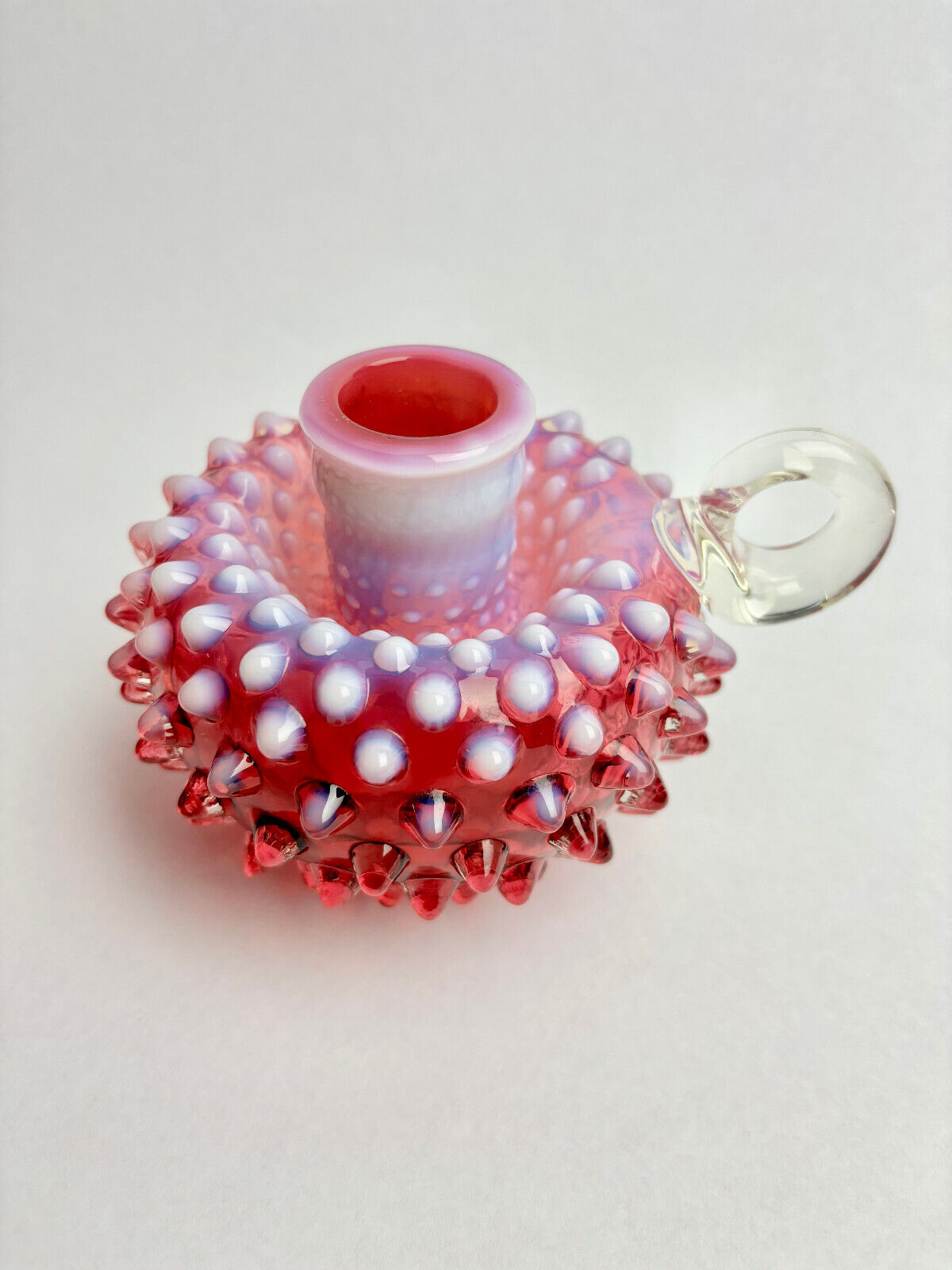 Pair of Fenton Cranberry Opalescent Hobnail Candlestick Holders (9cm tall)
