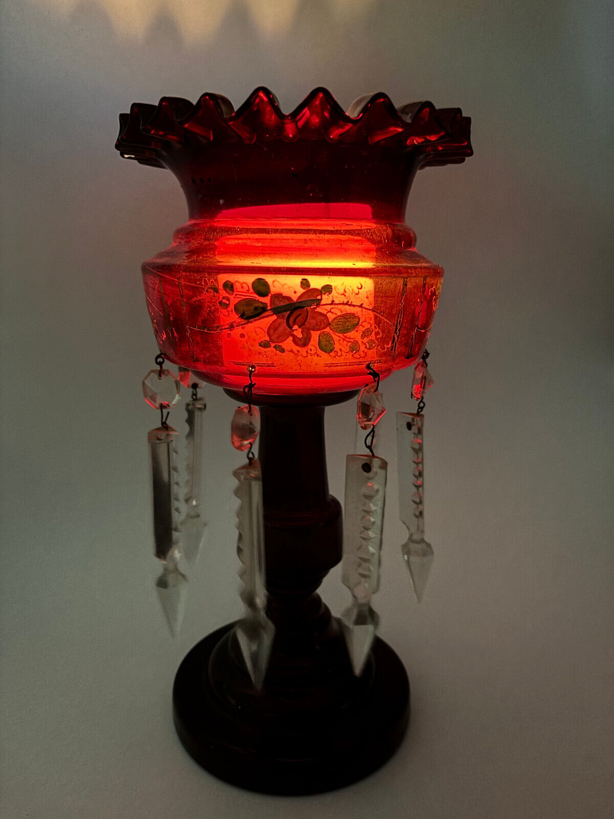 Antique Ruby Cranberry Glass Mantle Lustre with Droppers