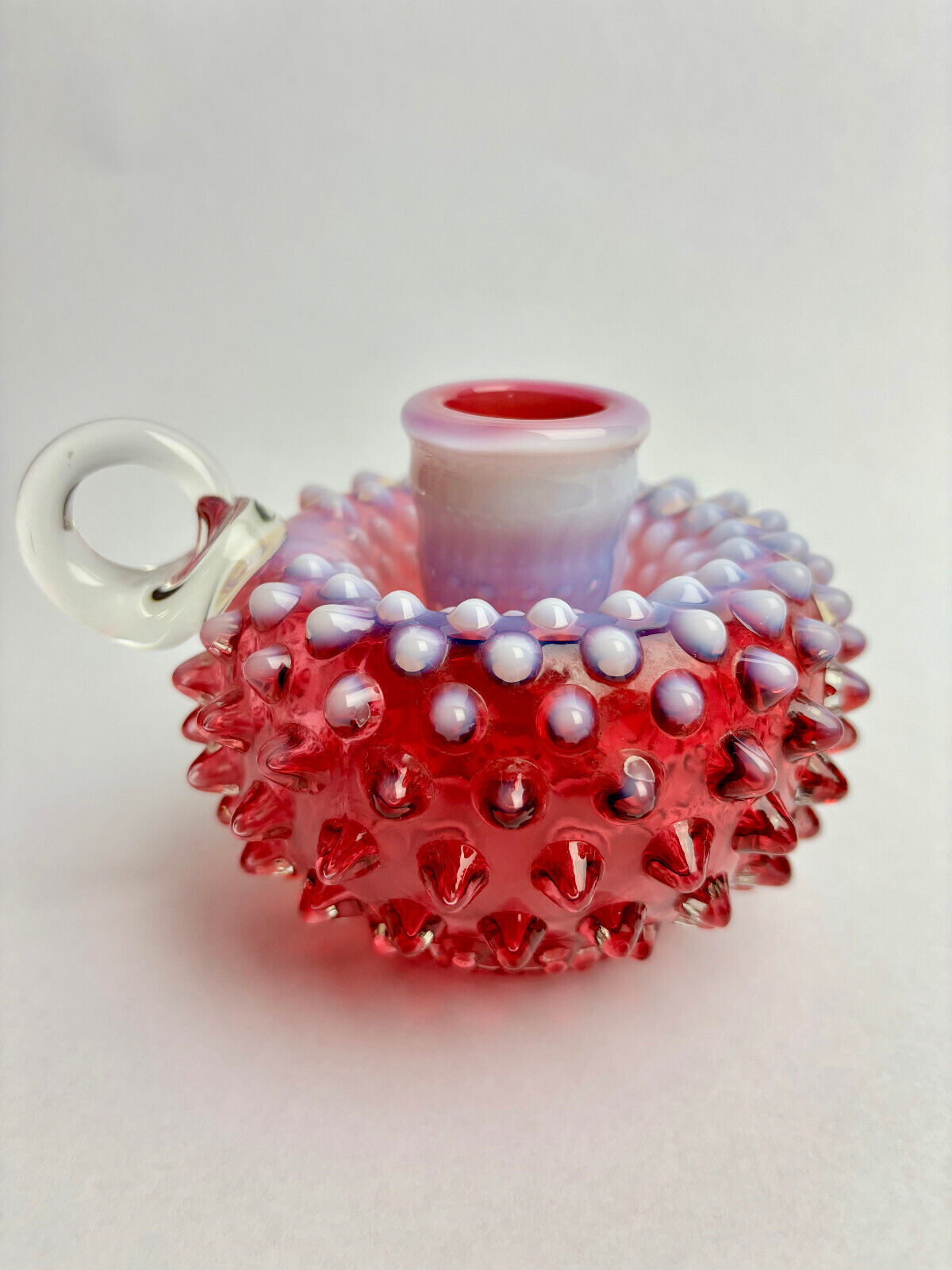Pair of Fenton Cranberry Opalescent Hobnail Candlestick Holders (9cm tall)