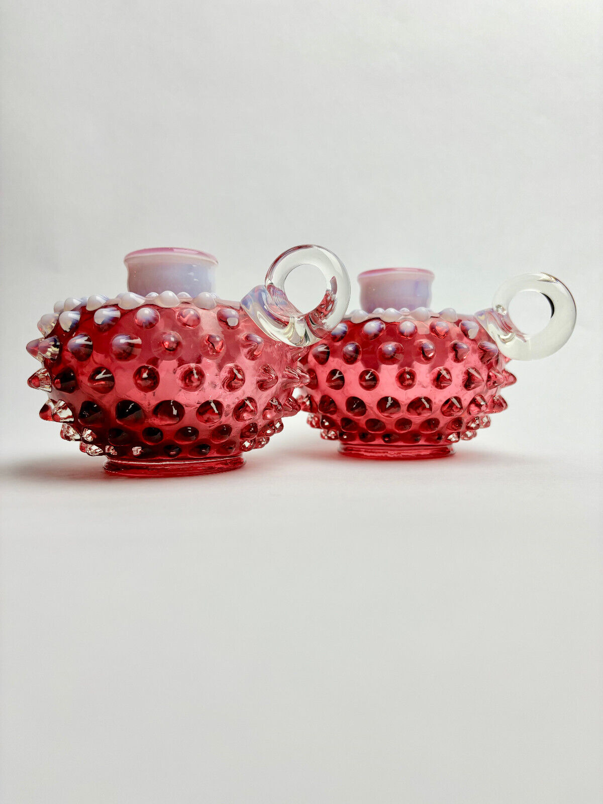 Pair of Fenton Cranberry Opalescent Hobnail Candlestick Holders (9cm tall)