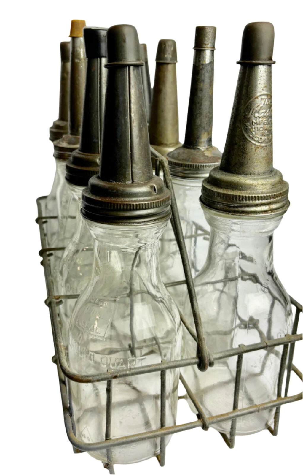 Vintage One Quart Eight Oil Bottle Rack Set Spout & Caps (non-matching)