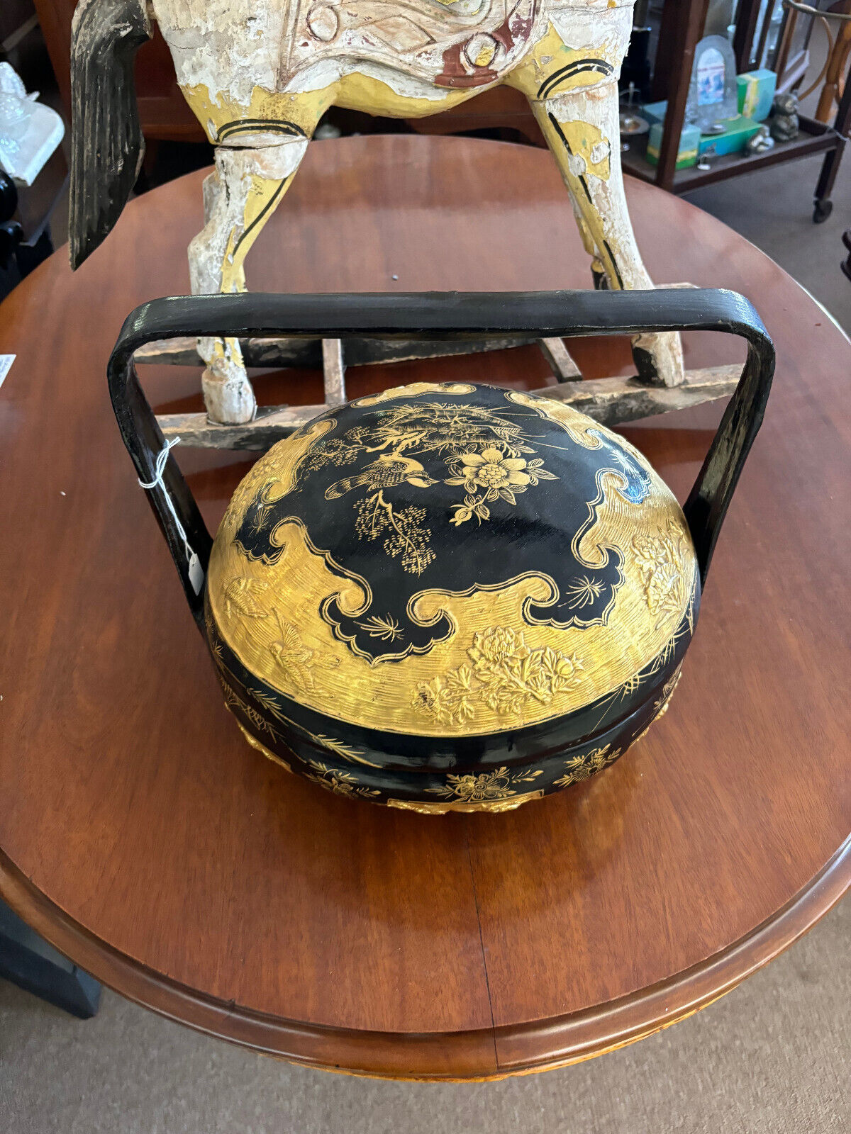 Vintage Chinese Wedding Dowry Basket Rice Carrier Gold Black Lacquered