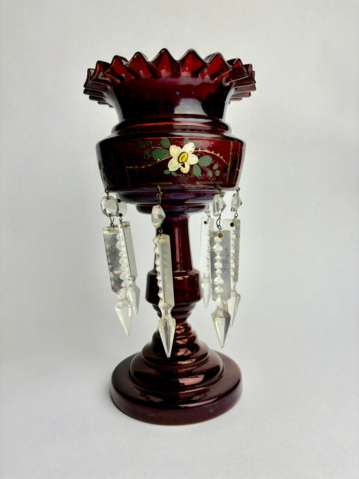 Antique Ruby Cranberry Glass Mantle Lustre with Droppers
