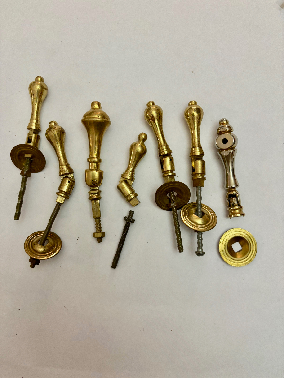Seven Mixed Antique Brass Drawer Pull Handles (some incomplete)