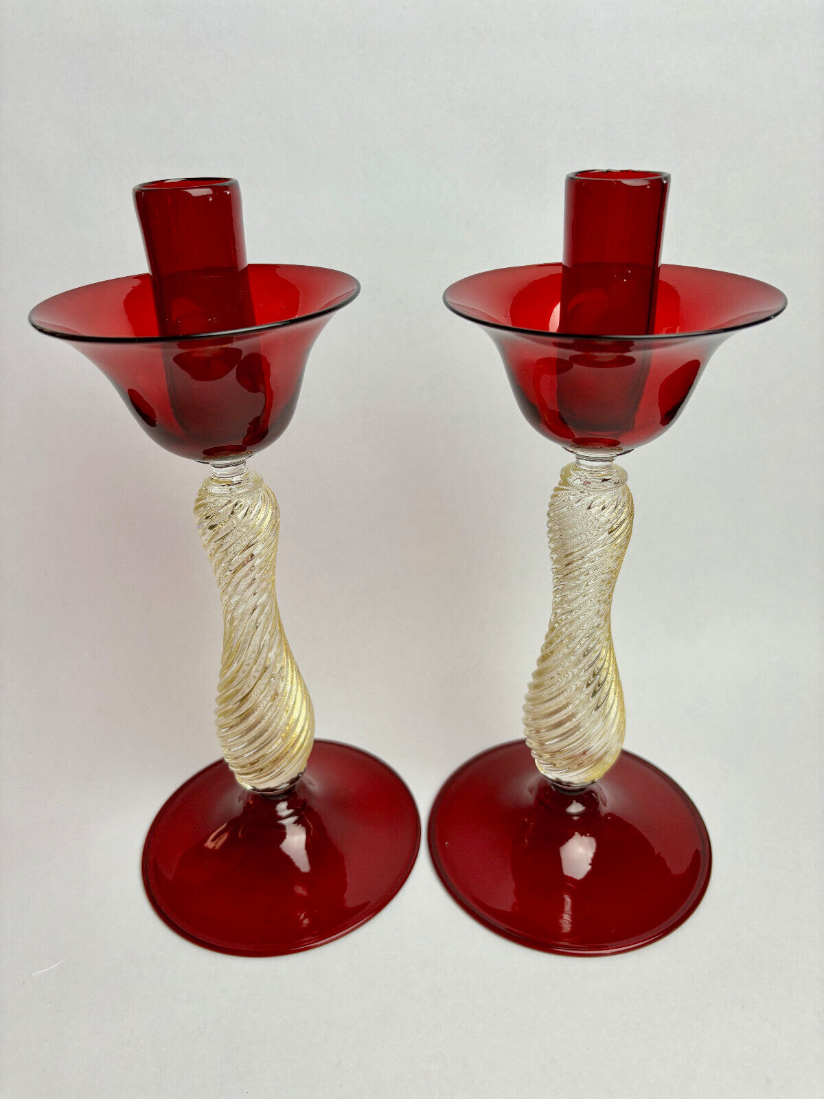 Pair of Italian Venetian Murano Glass Barovier & Toso Red Candlestick Holders