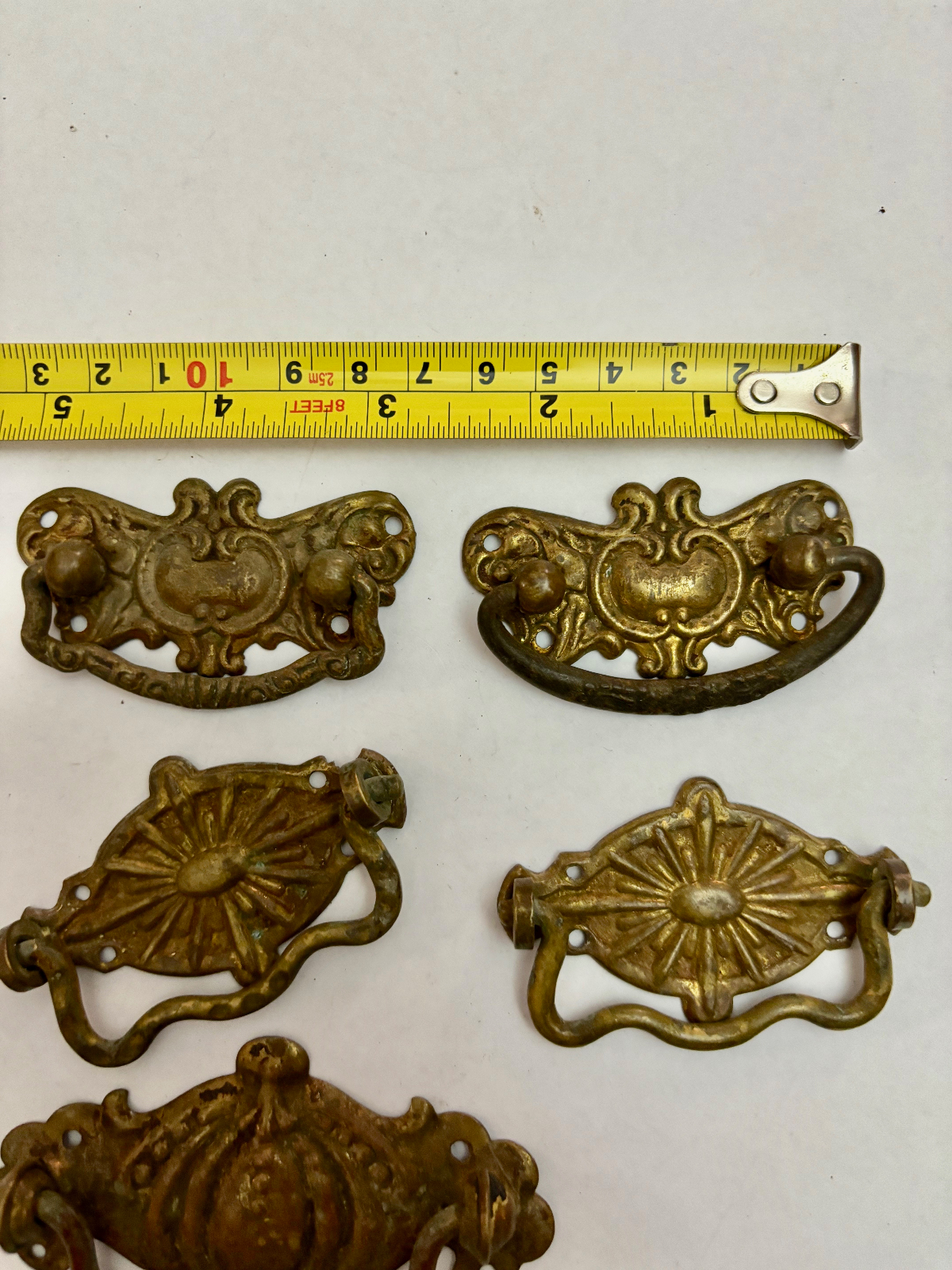 Five Mixed French Antique Brass Drawer Pull Handles