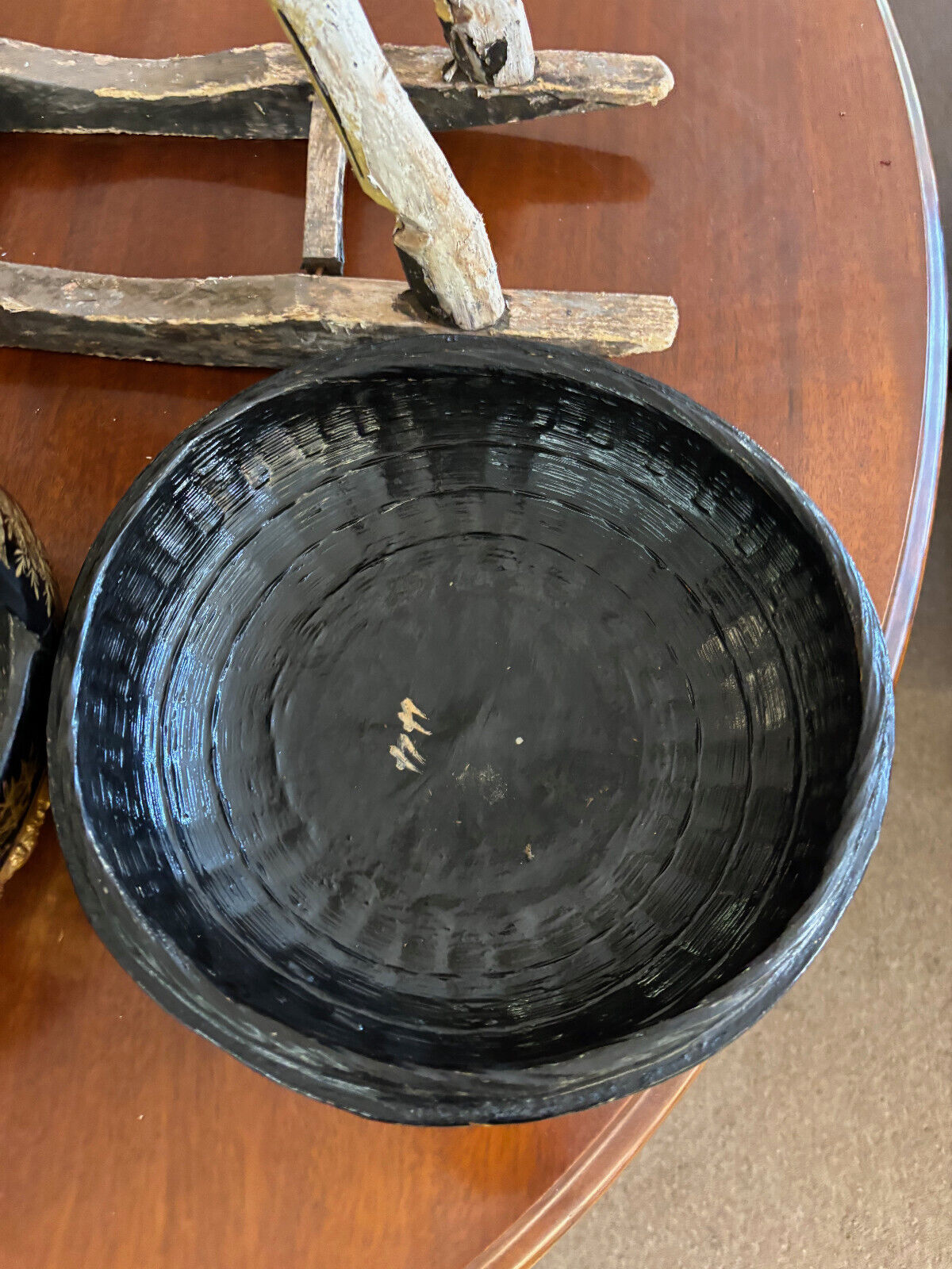 Vintage Chinese Wedding Dowry Basket Rice Carrier Gold Black Lacquered