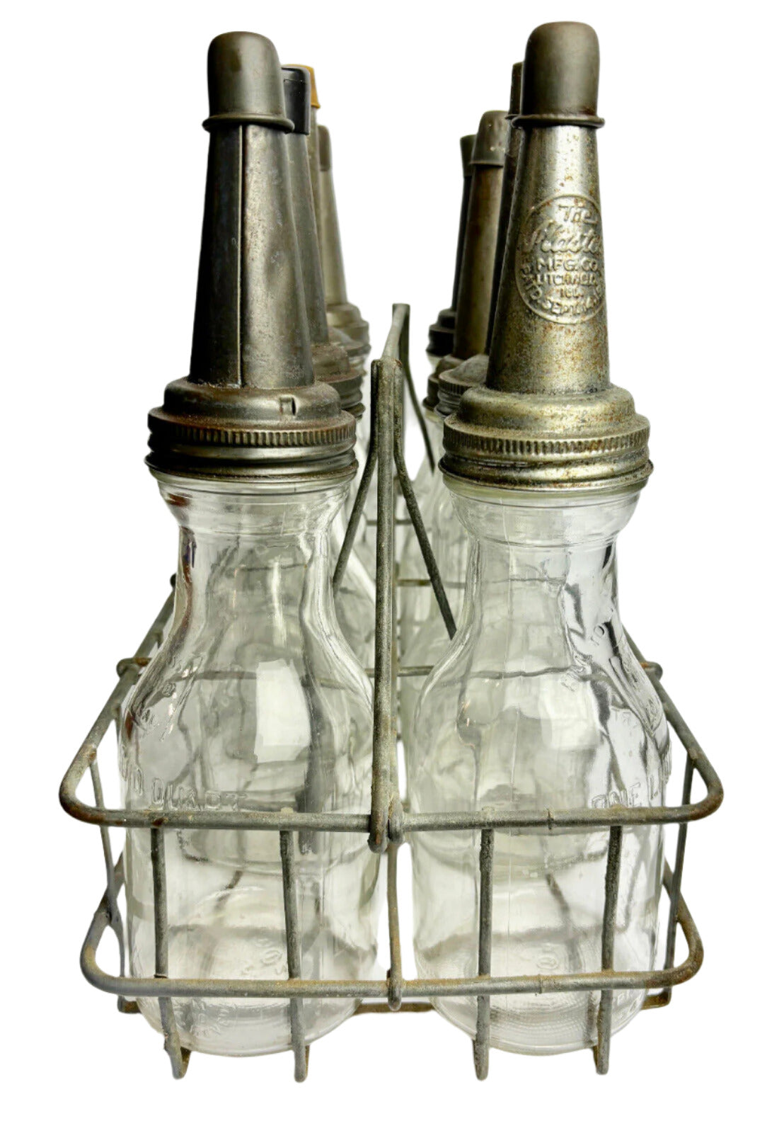 Vintage One Quart Eight Oil Bottle Rack Set Spout & Caps (non-matching)