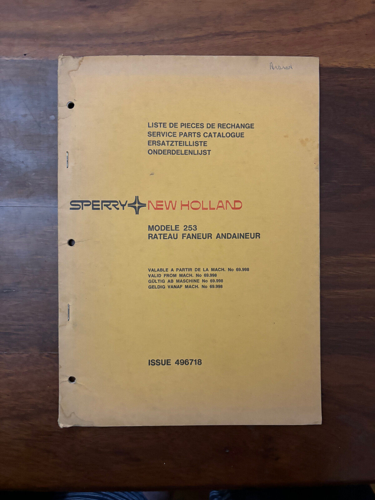 Sperry New Holland Modele 253 Rateau Faneur Andaineur Parts Catalogue