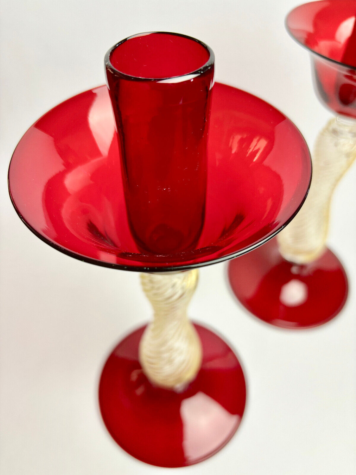 Pair of Italian Venetian Murano Glass Barovier & Toso Red Candlestick Holders