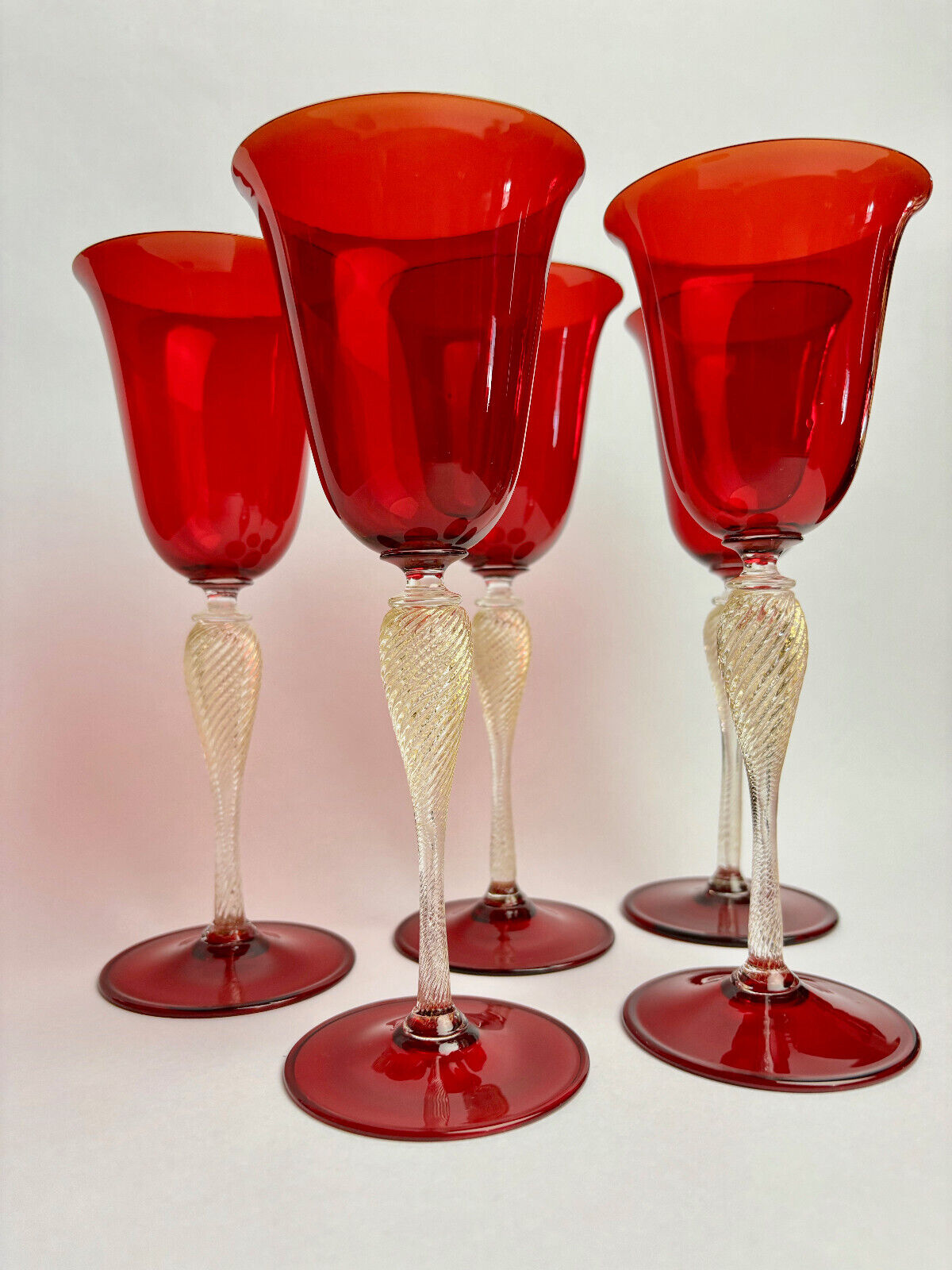 Vintage Italian Venetian Murano Glass Barovier & Toso Ruby Red Glass Goblets