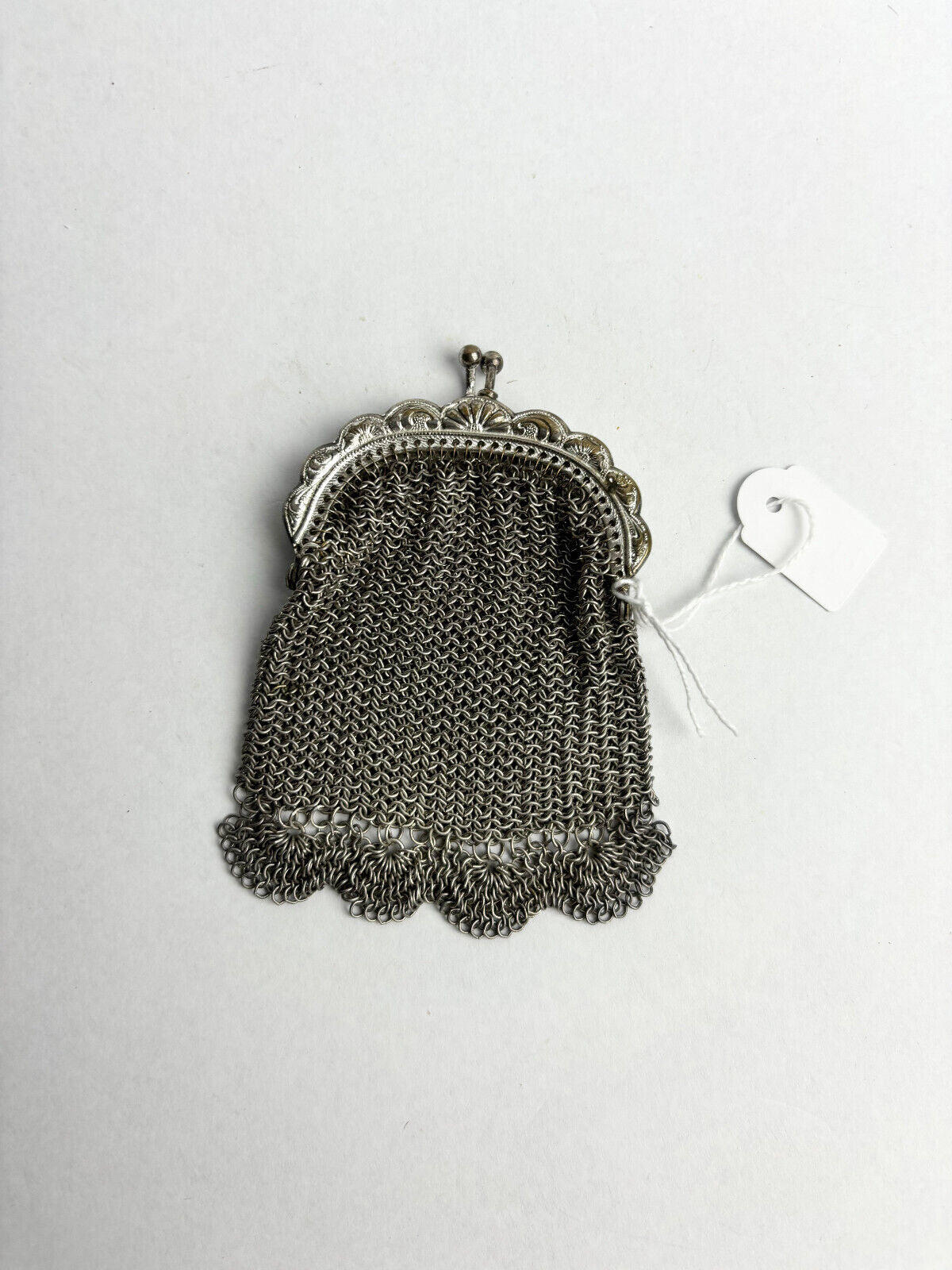 Antique Victorian White Metal Plated Mesh Purse 10.5cm tall