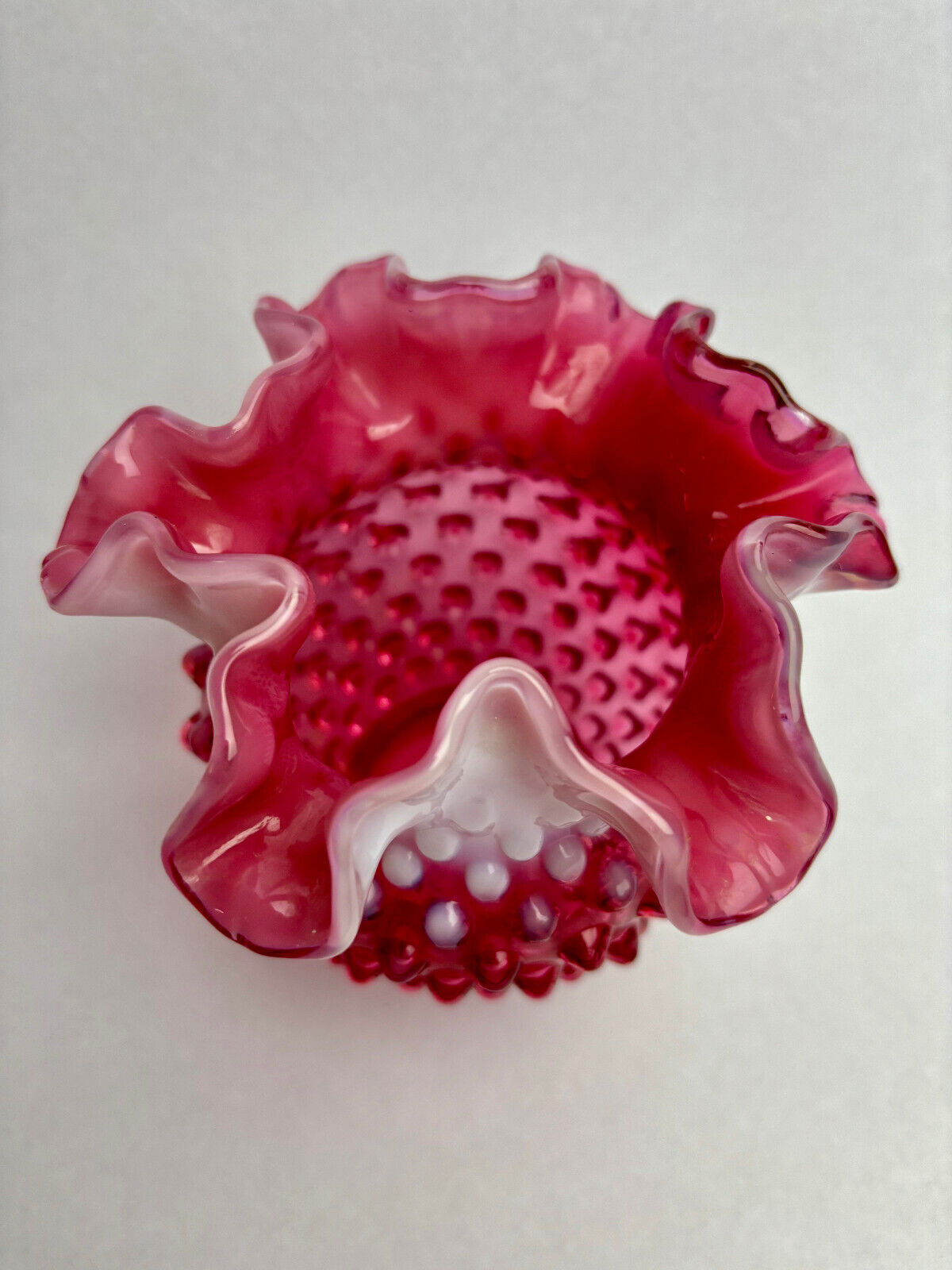 Fenton Cranberry Opalescent Hobnail Crimped Glass Vase (12cm tall)