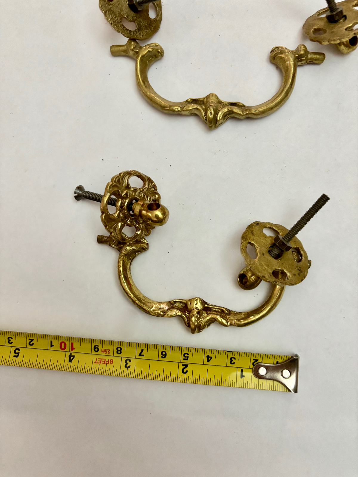 Set of Six Matching Antique Brass Drawer Pull Handle Complete Assemblies
