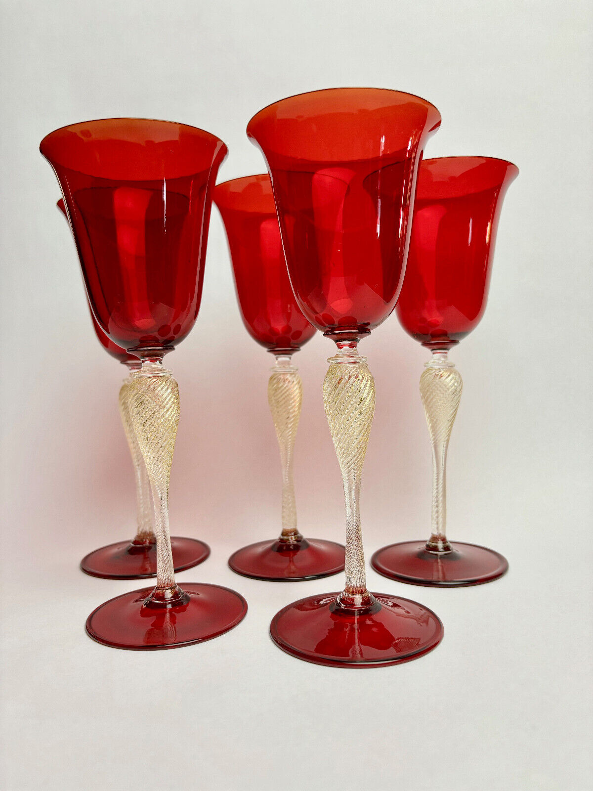 Vintage Italian Venetian Murano Glass Barovier & Toso Ruby Red Glass Goblets