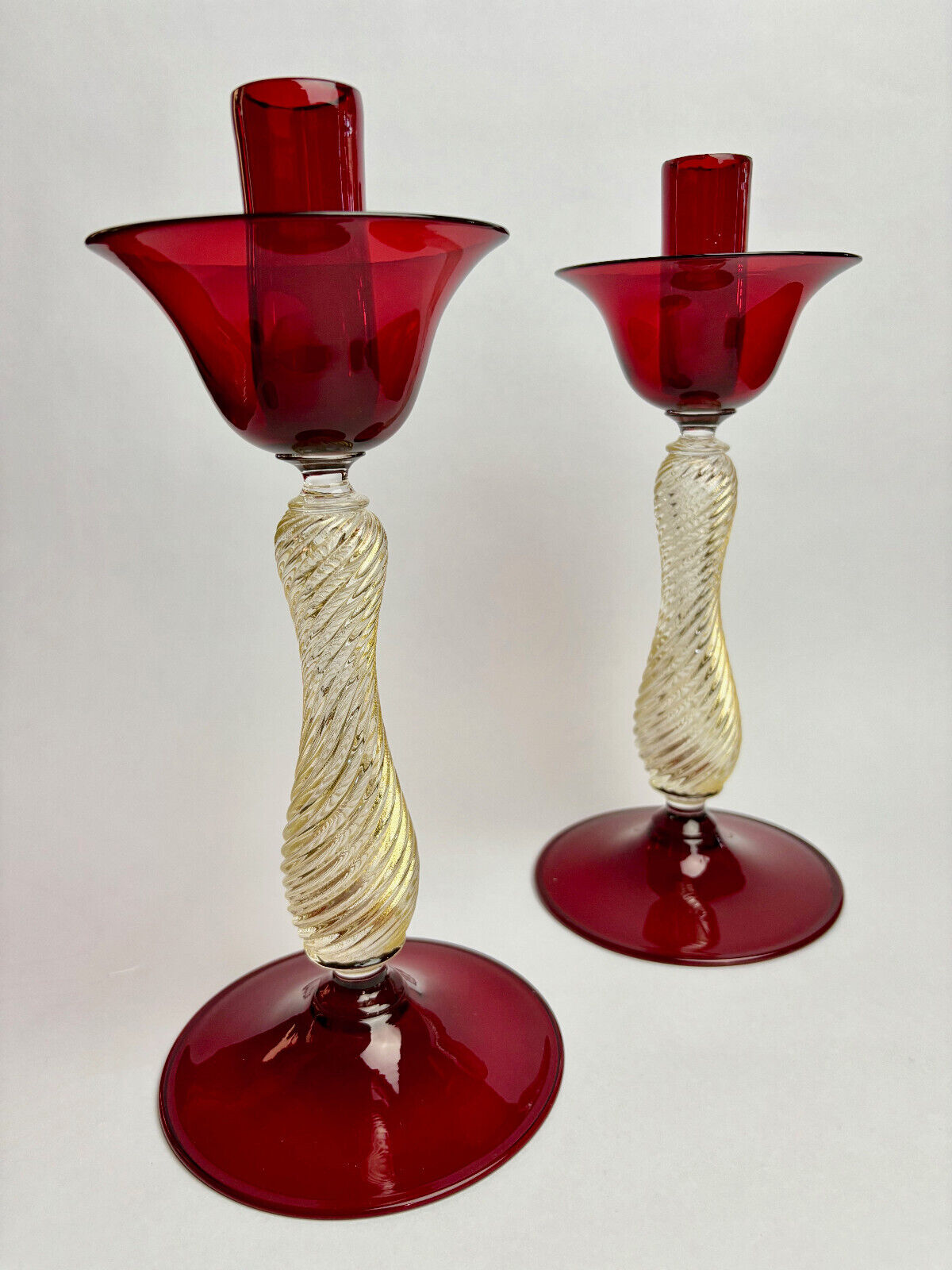 Pair of Italian Venetian Murano Glass Barovier & Toso Red Candlestick Holders