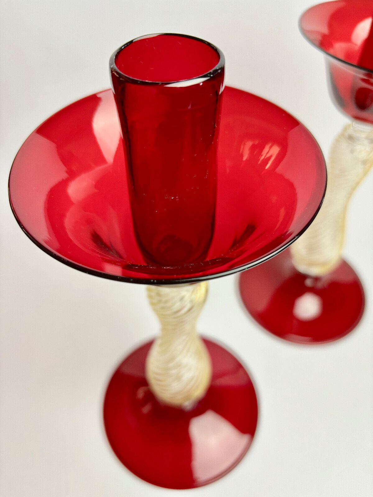 Pair of Italian Venetian Murano Glass Barovier & Toso Red Candlestick Holders