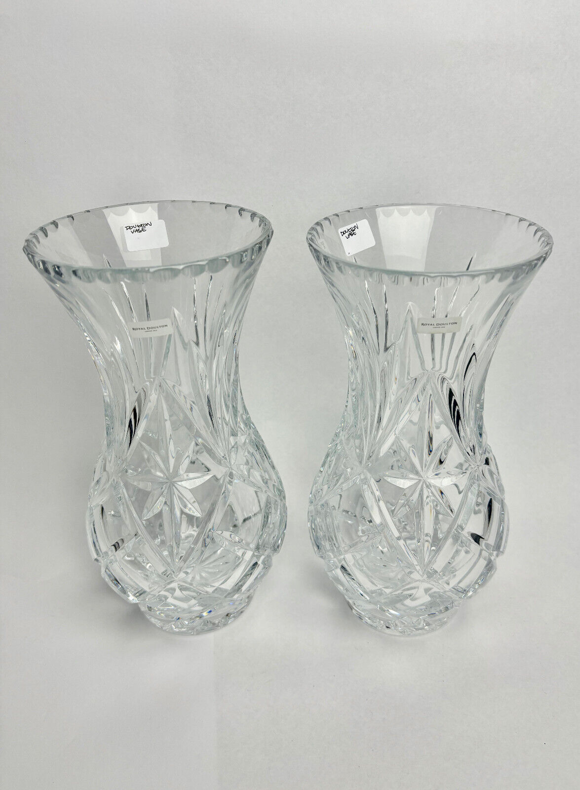 Pair of Royal Doulton Crystal Vases - Large Fan & All Round Stars (boxed) 25.6cm