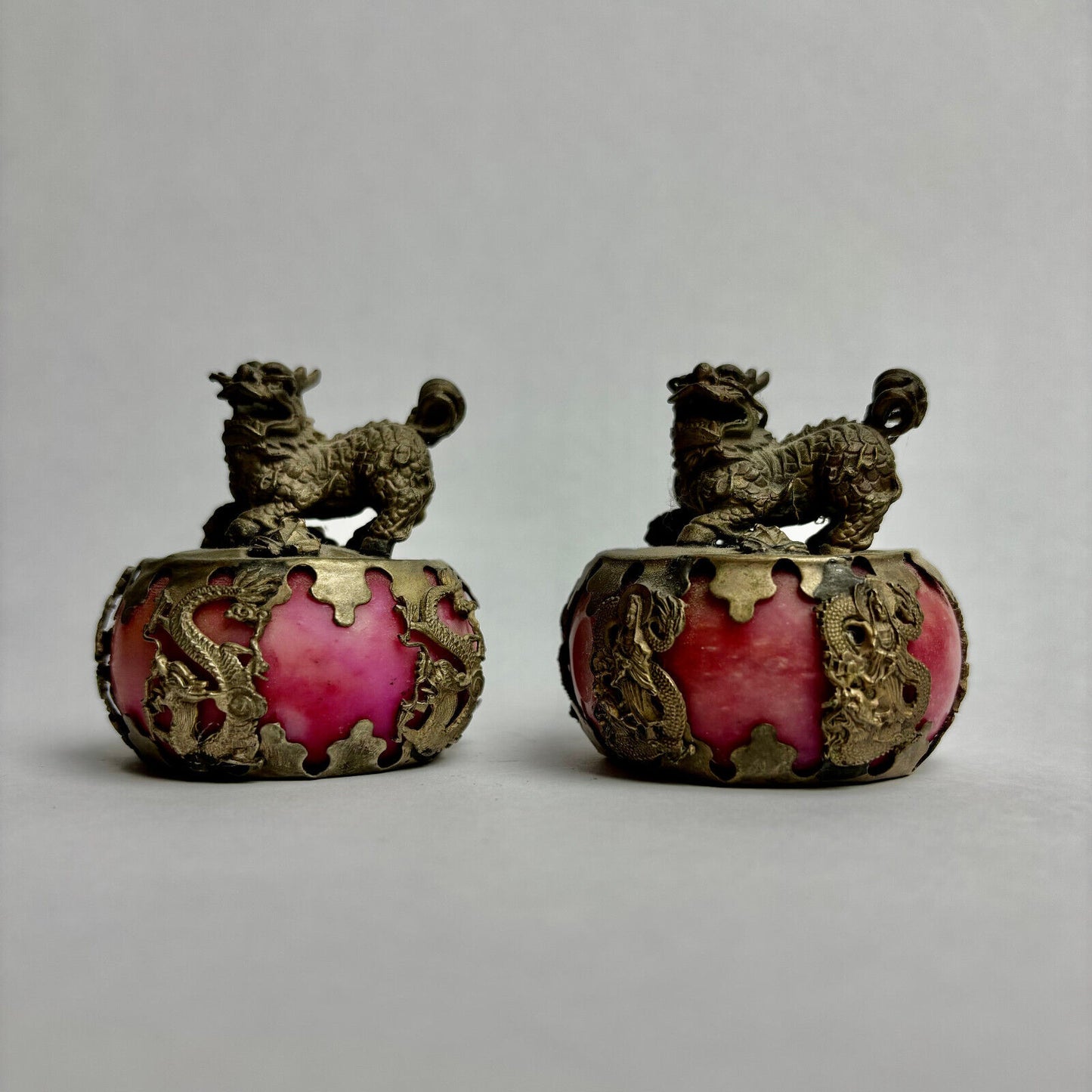 Pair Antique Kwan-Yin Chinese Red Glazed Ceramic & Silver Applications Foo Dogs