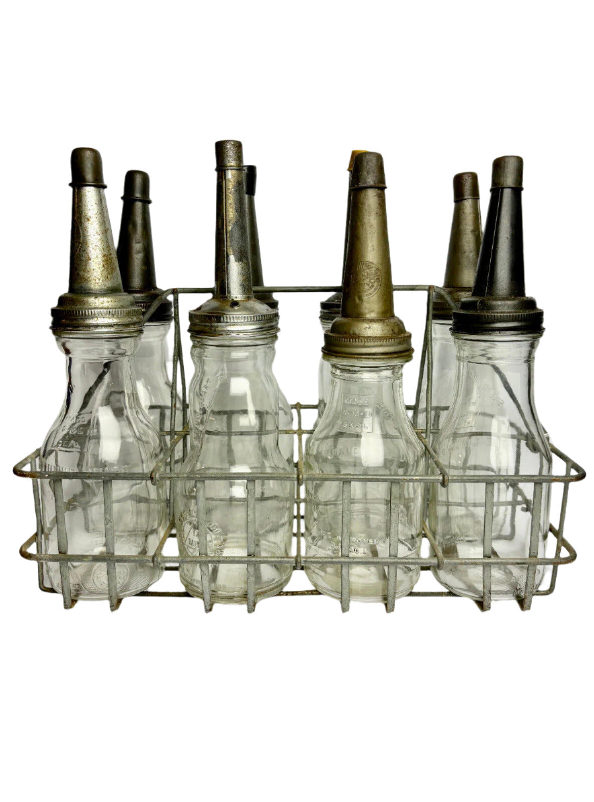 Vintage One Quart Eight Oil Bottle Rack Set Spout & Caps (non-matching)