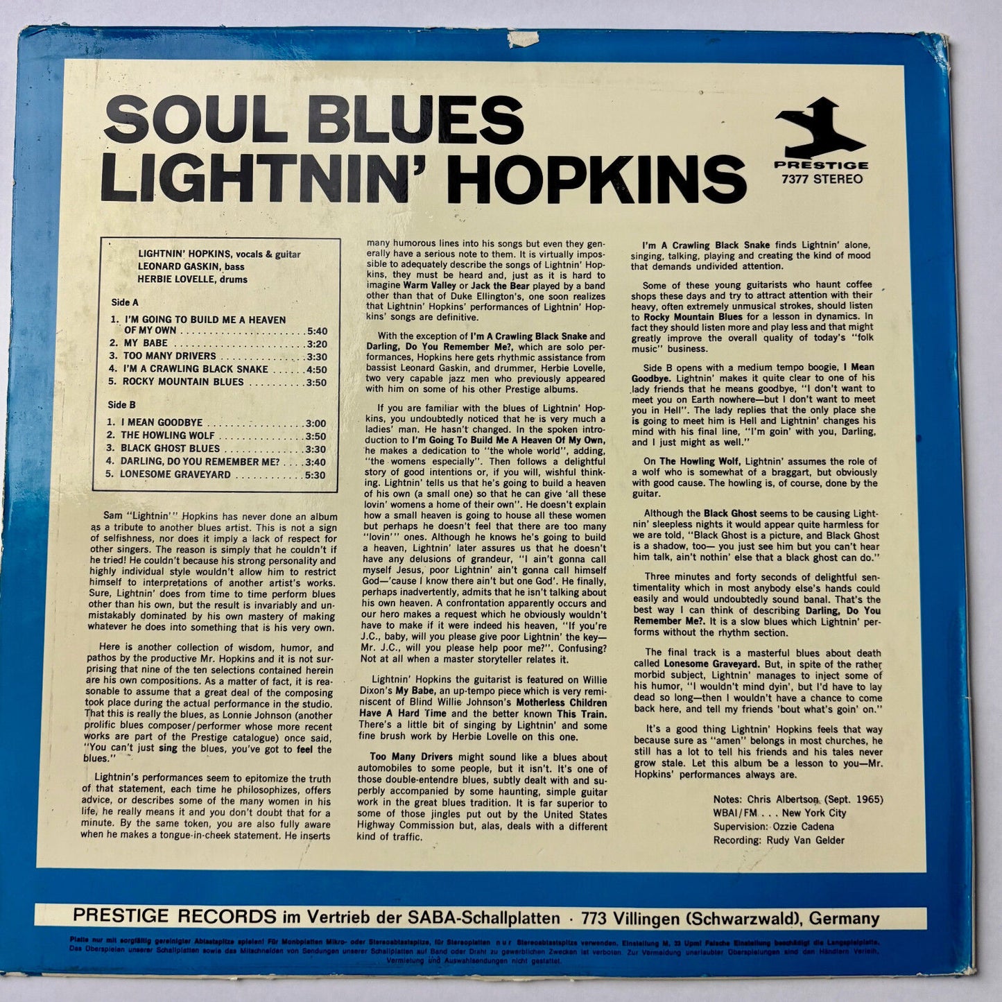 Soul Blues by Lightnin' Hopkins (Prestige, 1972) PR 7377 PRT 7377