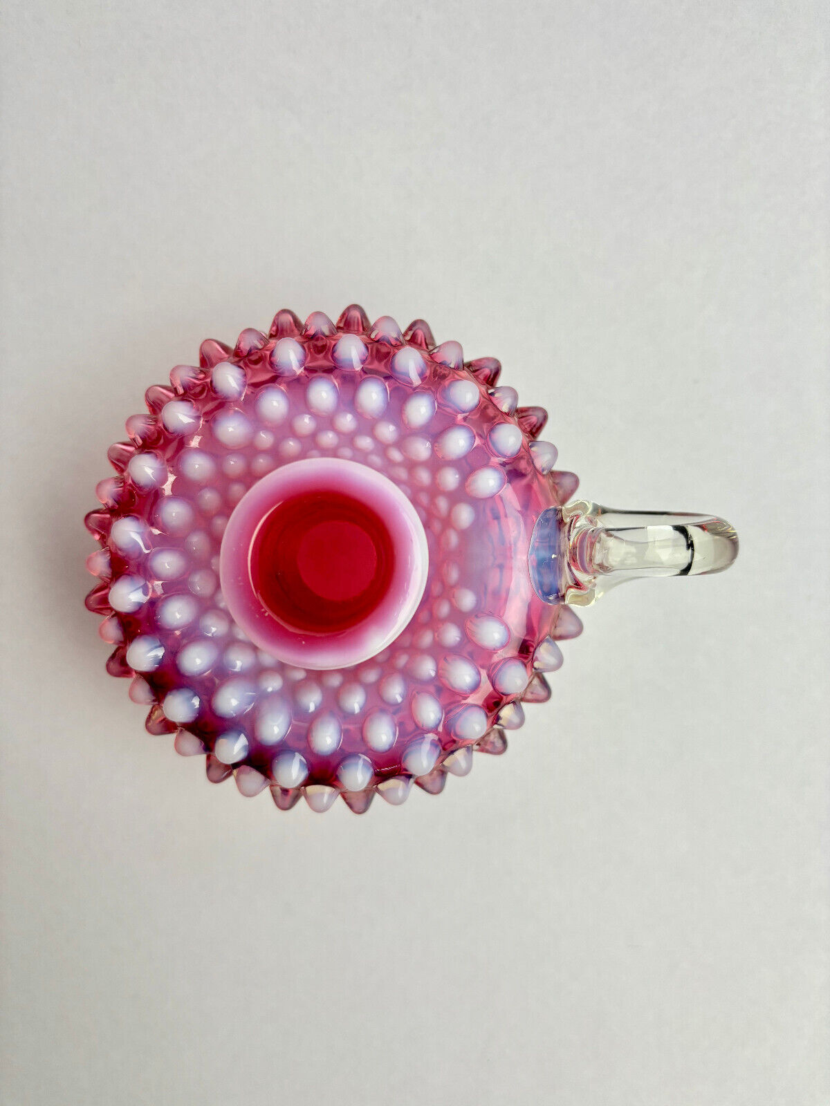 Pair of Fenton Cranberry Opalescent Hobnail Candlestick Holders (9cm tall)