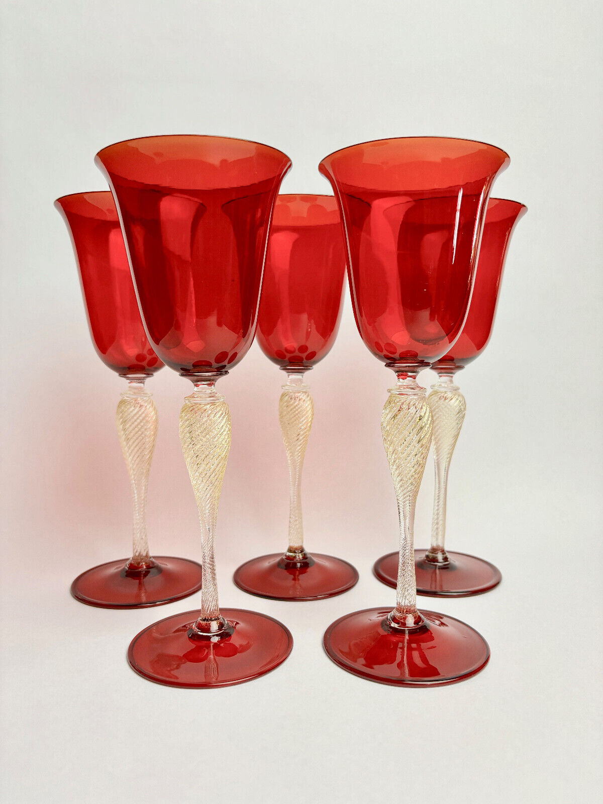 Vintage Italian Venetian Murano Glass Barovier & Toso Ruby Red Glass Goblets