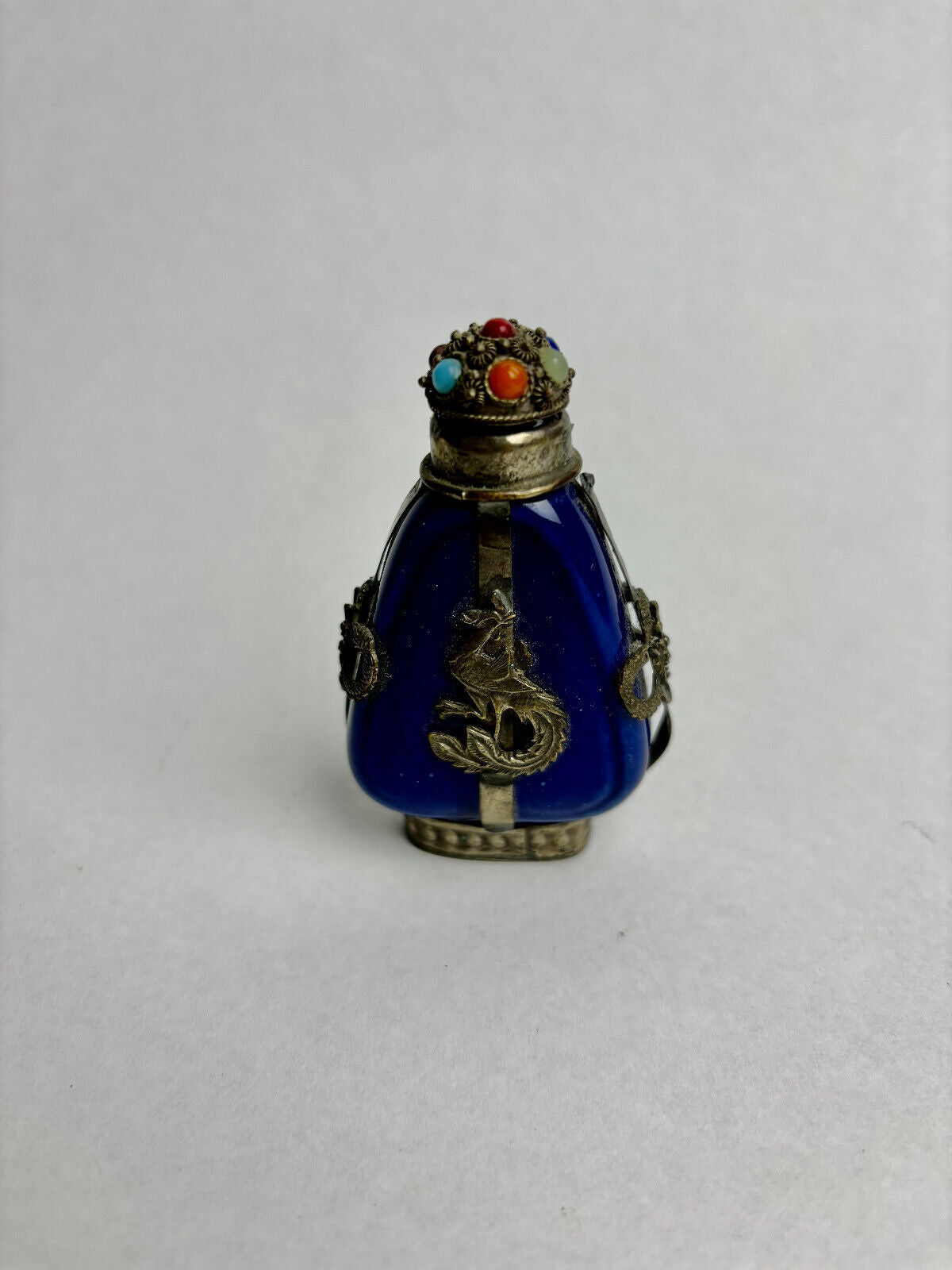 Antique Kwan-Yin Chinese Blue Glazed Ceramic & Silver Applications Snuff Bottle