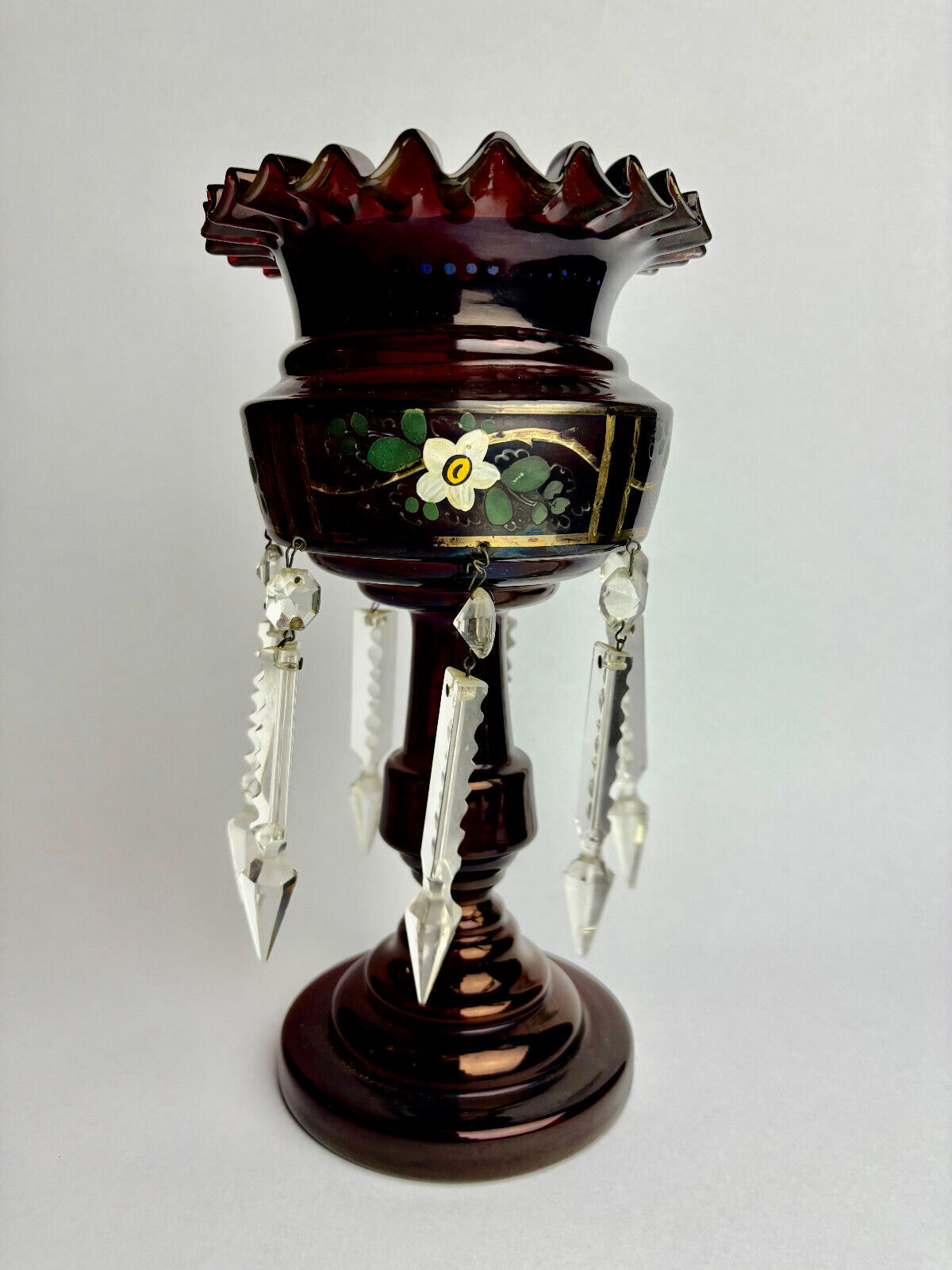 Antique Ruby Cranberry Glass Mantle Lustre with Droppers