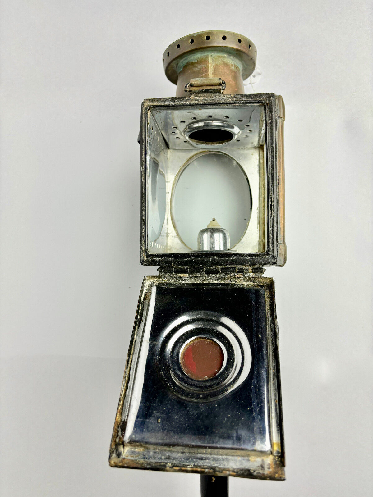 Large Antique Kerosene Carriage Buggy Lamp Beveled Glass 45cm