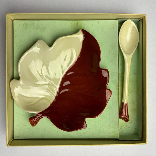 Carlton Ware Australian Design Two Tone Leaf Butter/Jam Dish, Box & Spoon
