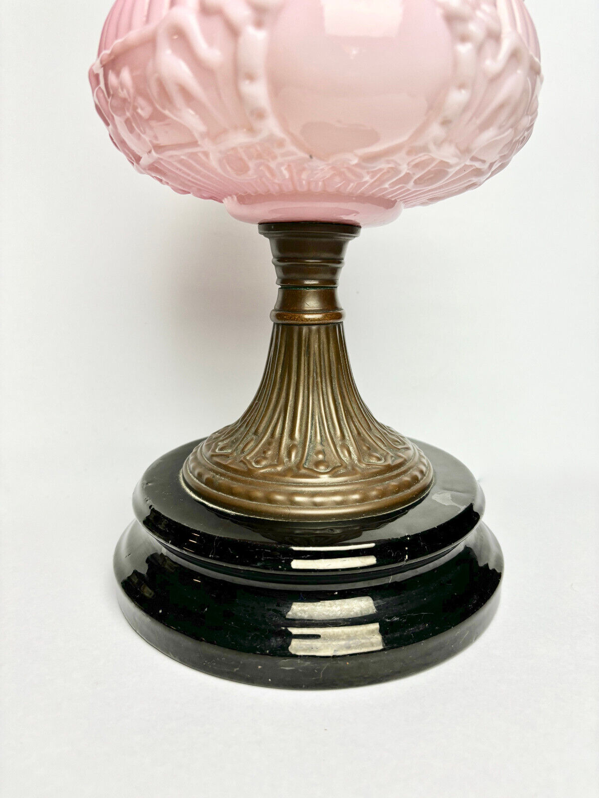 Tall Antique Victorian Glass Brass Oil Lamp Pink Painted Etched 55cm