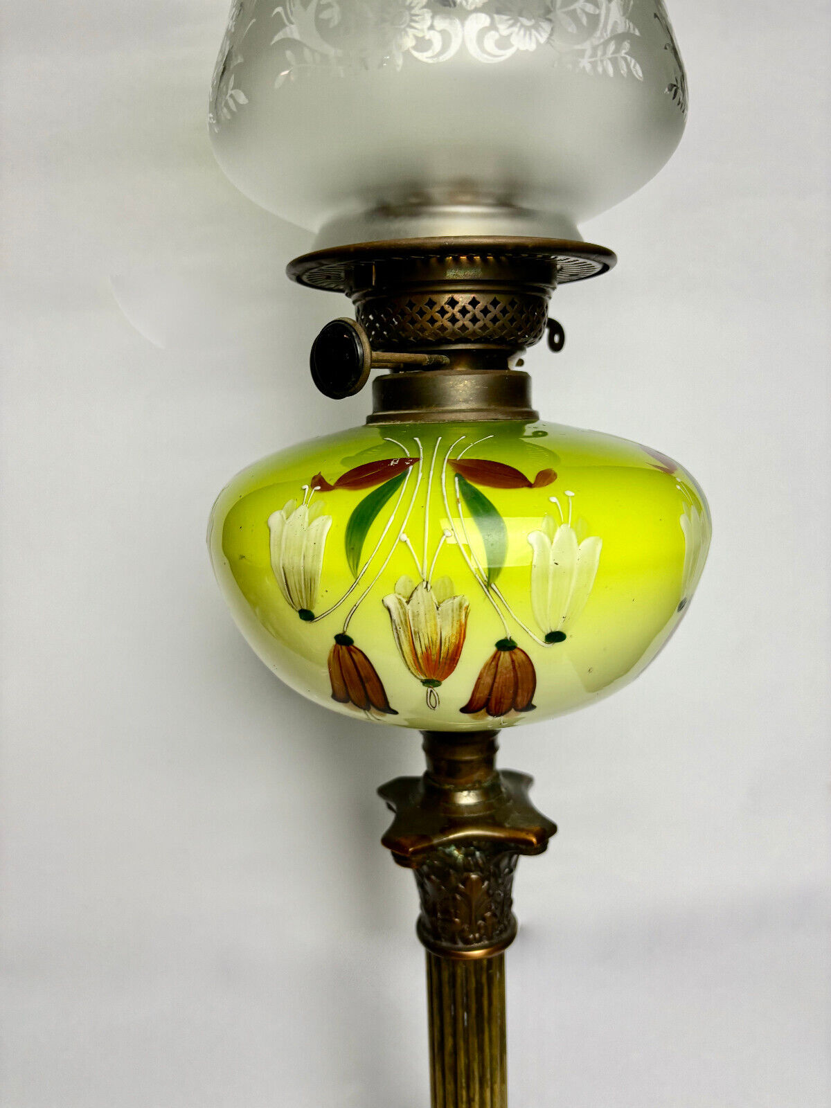 Tall Antique Victorian Glass Brass Oil Lamp Green Painted Etched 80cm